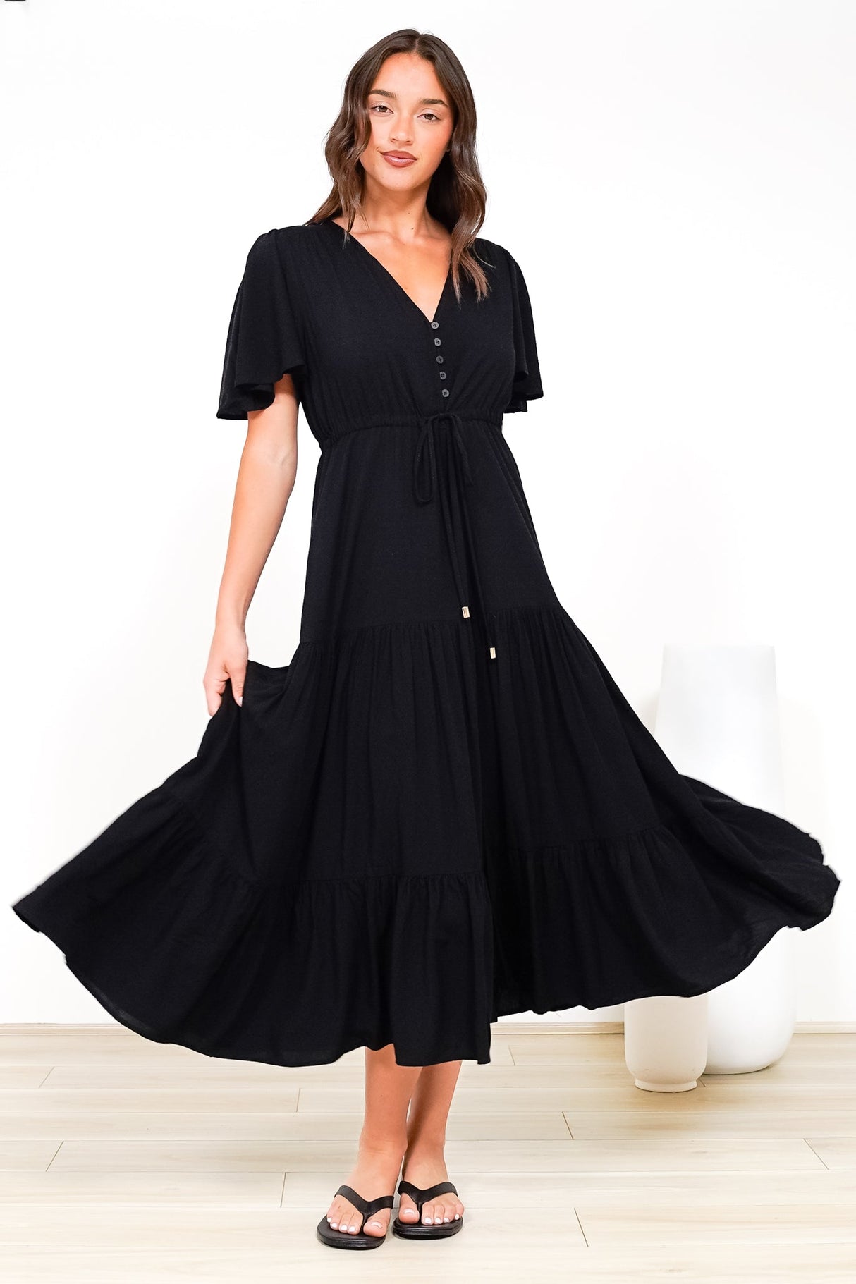 Anya Maxi Dress - Flutter Cap Sleeve Pull Tie Waist Dress in Black