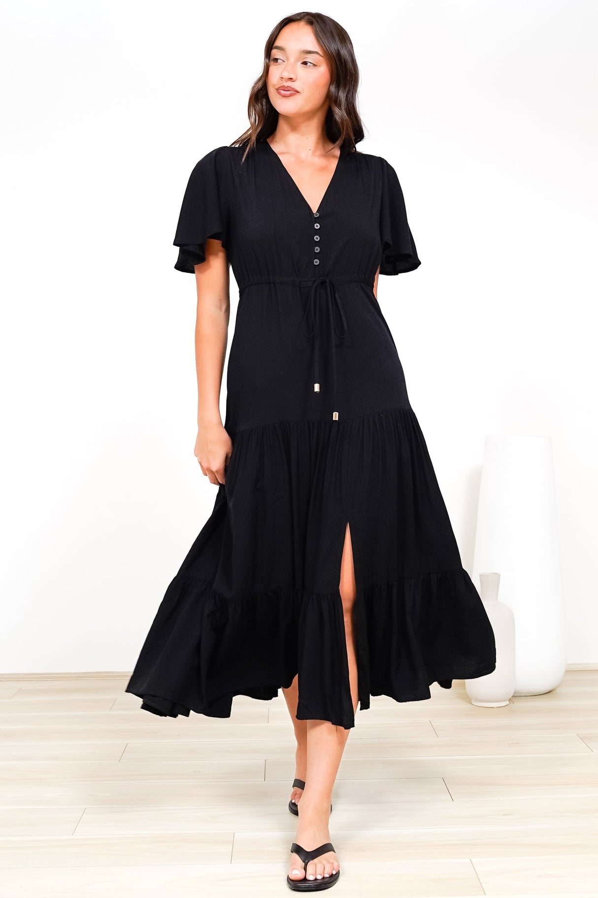 Anya Maxi Dress - Flutter Cap Sleeve Pull Tie Waist Dress in Black