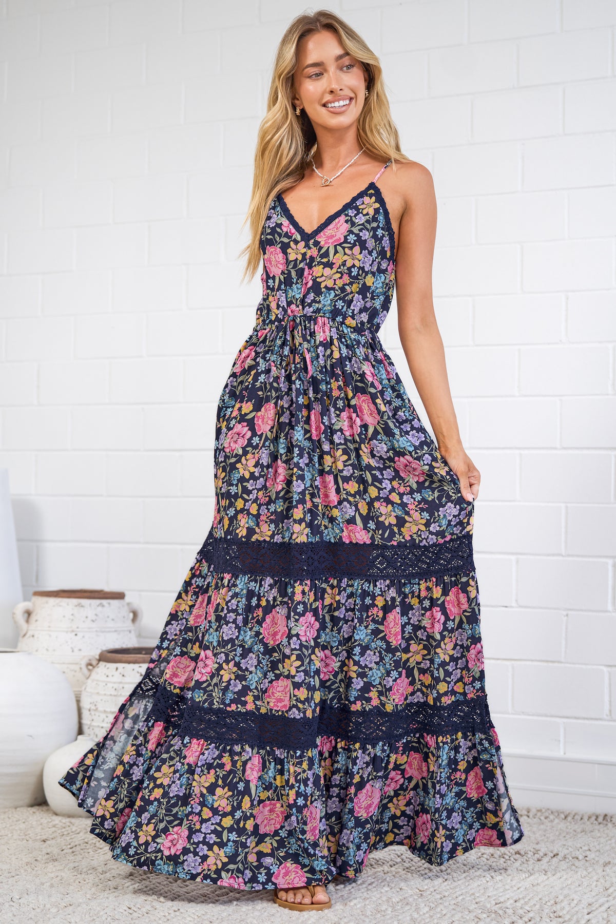 April Maxi Dress - V Neck Lace Spliced Sun Dress with Side Splits in Antonia Print Navy