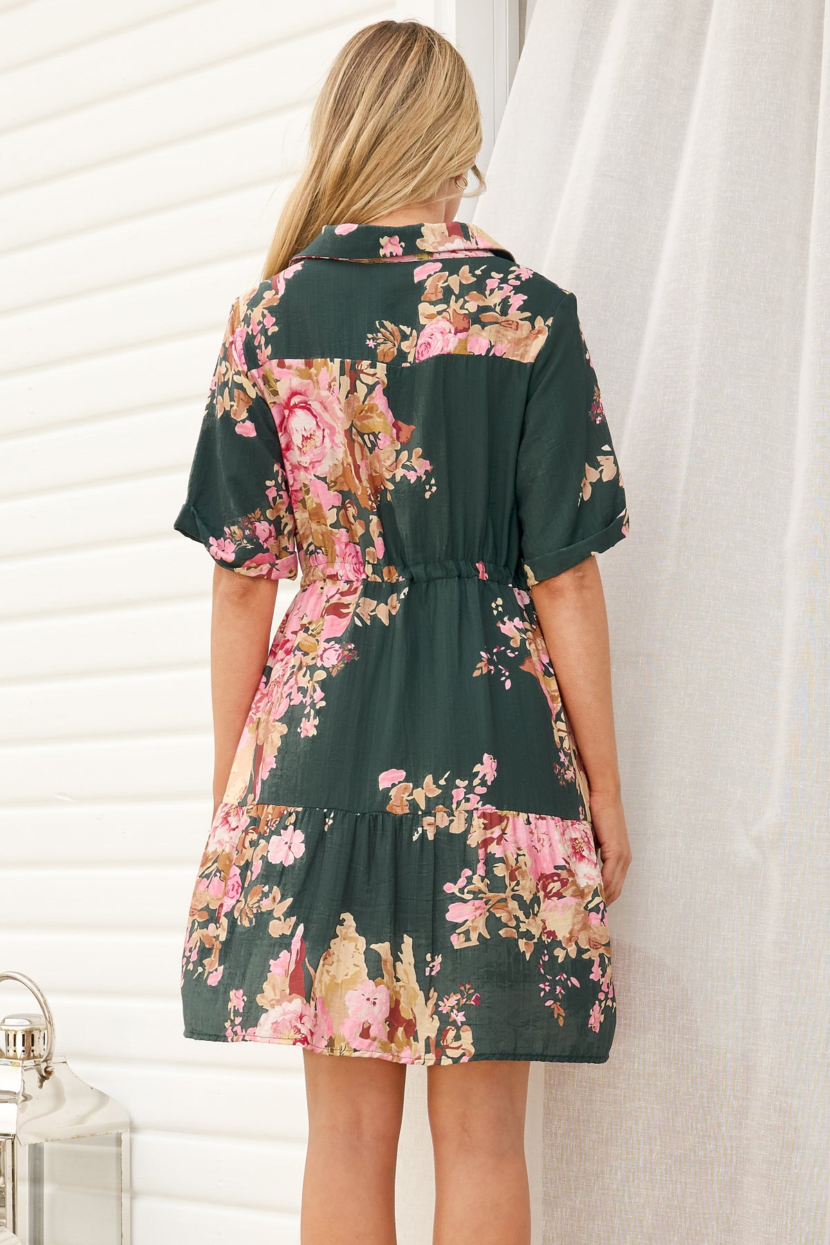 Apryl Mini Dress - Collared Short Sleeve Dress with Pull Tie Waist in Vela Print Emerald