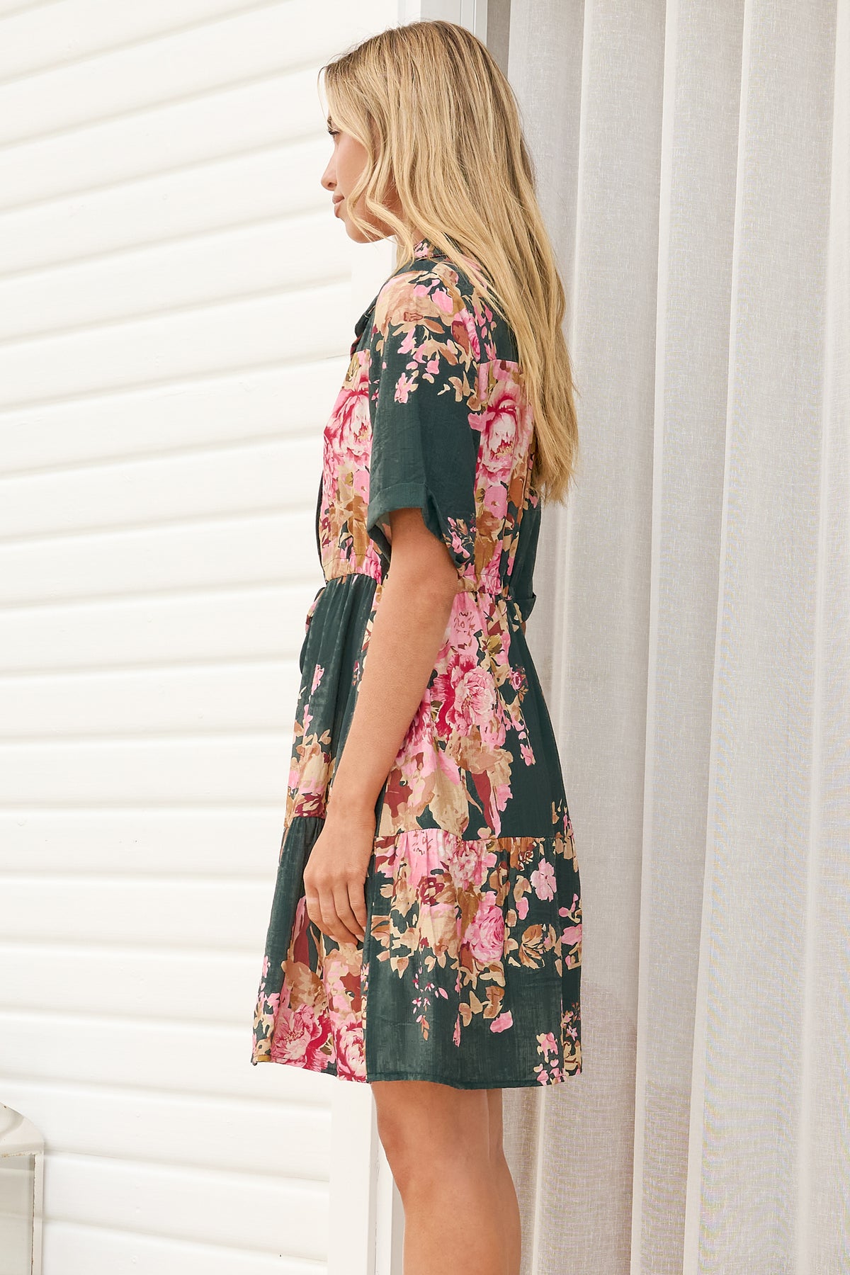 Apryl Mini Dress - Collared Short Sleeve Dress with Pull Tie Waist in Vela Print Emerald