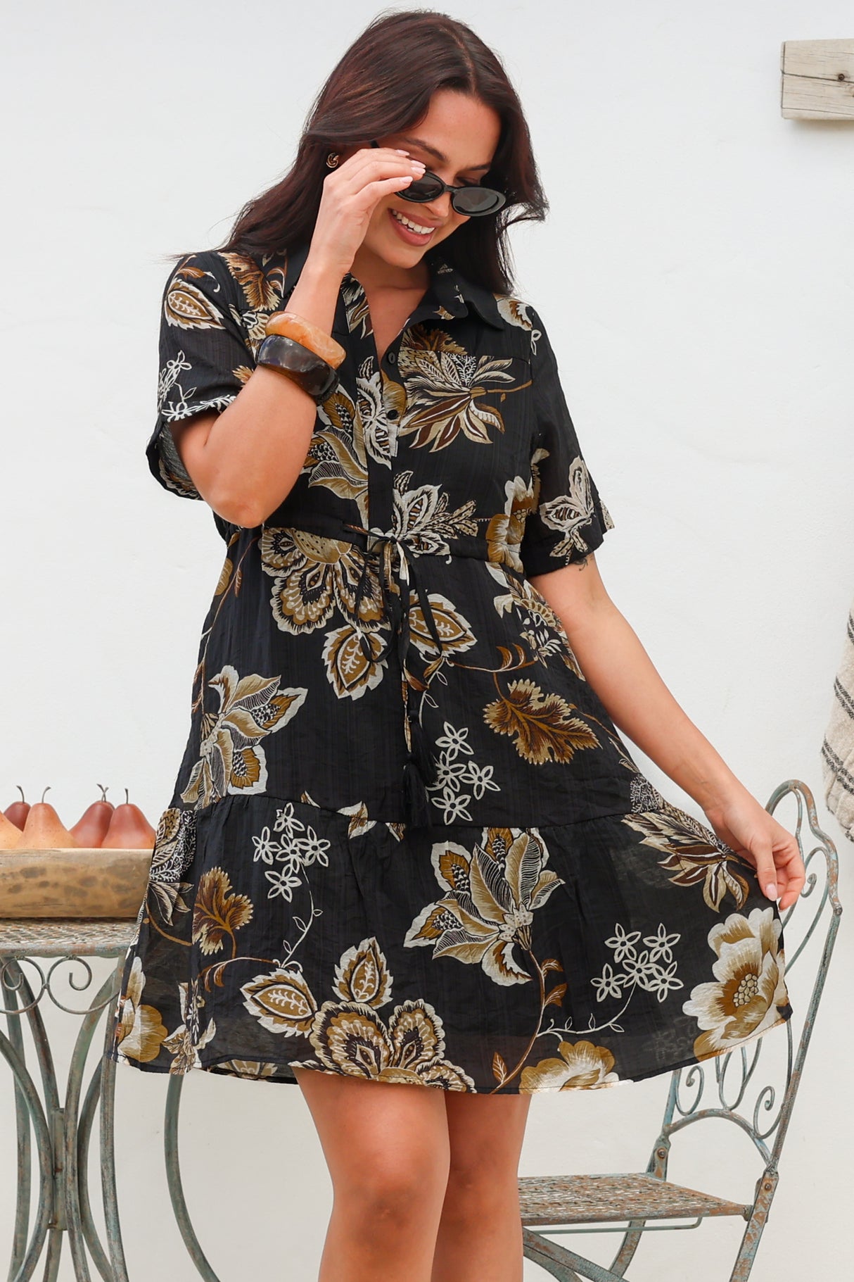 Apryl Mini Dress - Collared Short Sleeve Dress with Pull Tie Waist in Shanina Print Black