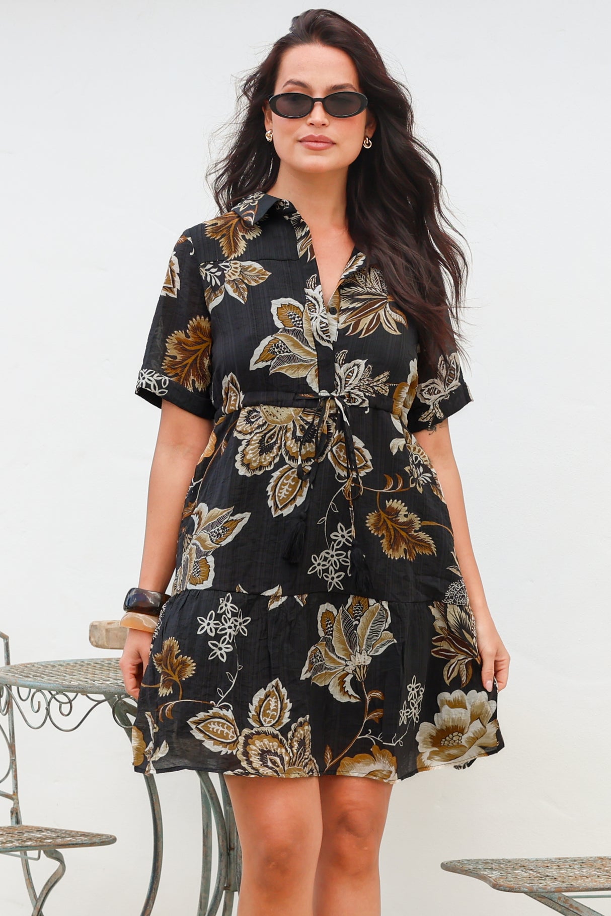 Apryl Mini Dress - Collared Short Sleeve Dress with Pull Tie Waist in Shanina Print Black