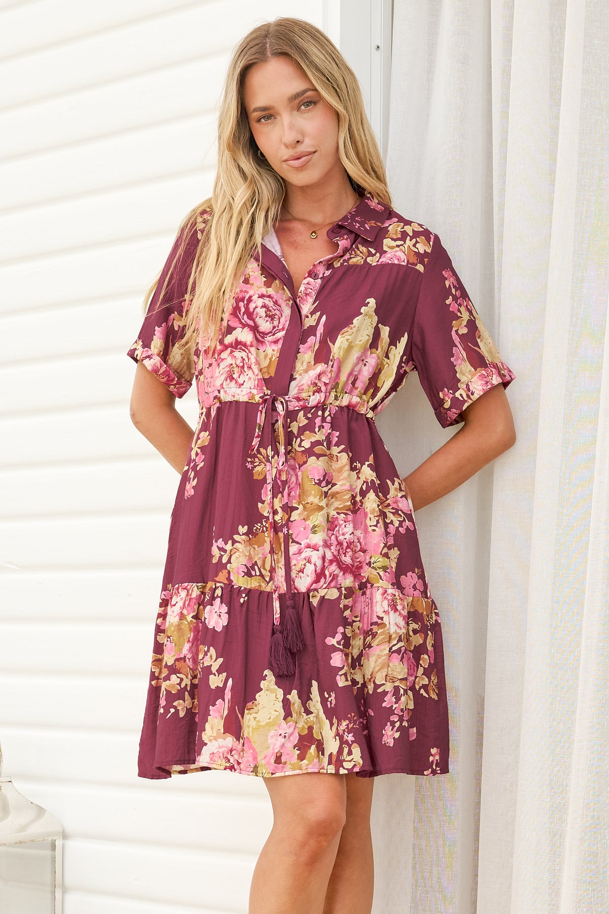 Apryl Mini Dress - Collared Short Sleeve Dress with Pull Tie Waist in Vela Print Burgundy