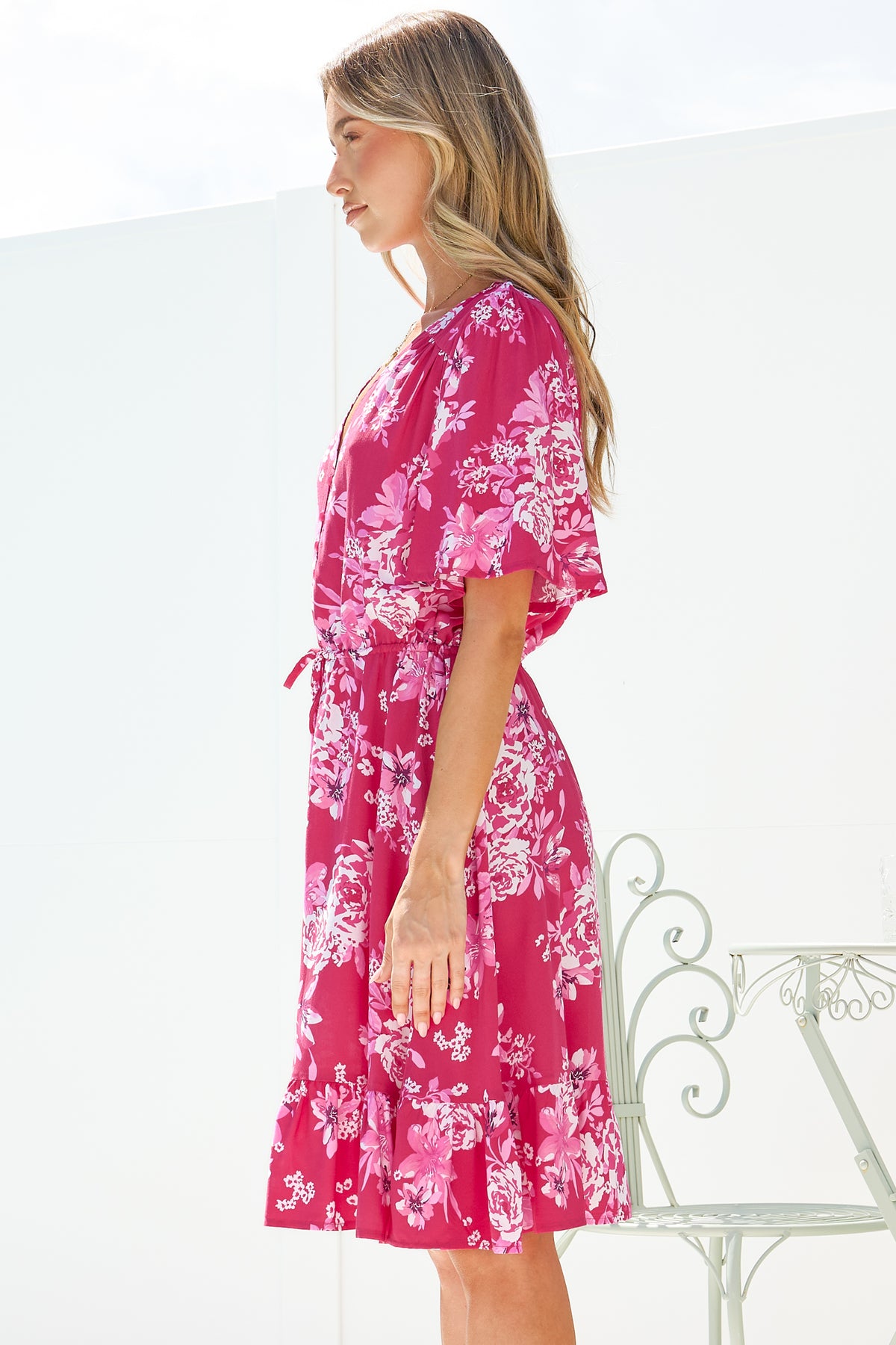 Arabella Mini Dress - V Neck Button-Front Dress with Adjustable Tie Waist in Kimberly Print Pink
