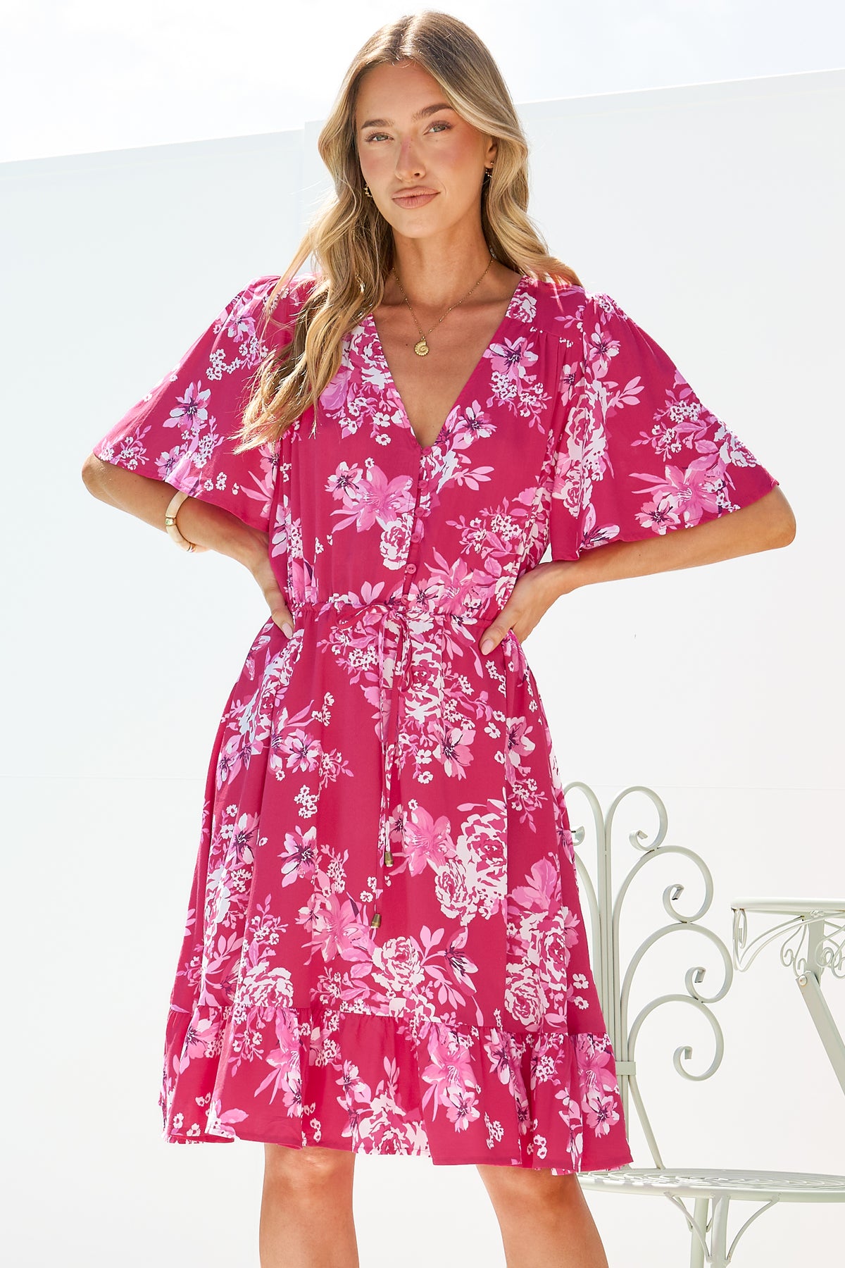 Arabella Mini Dress - V Neck Button-Front Dress with Adjustable Tie Waist in Kimberly Print Pink