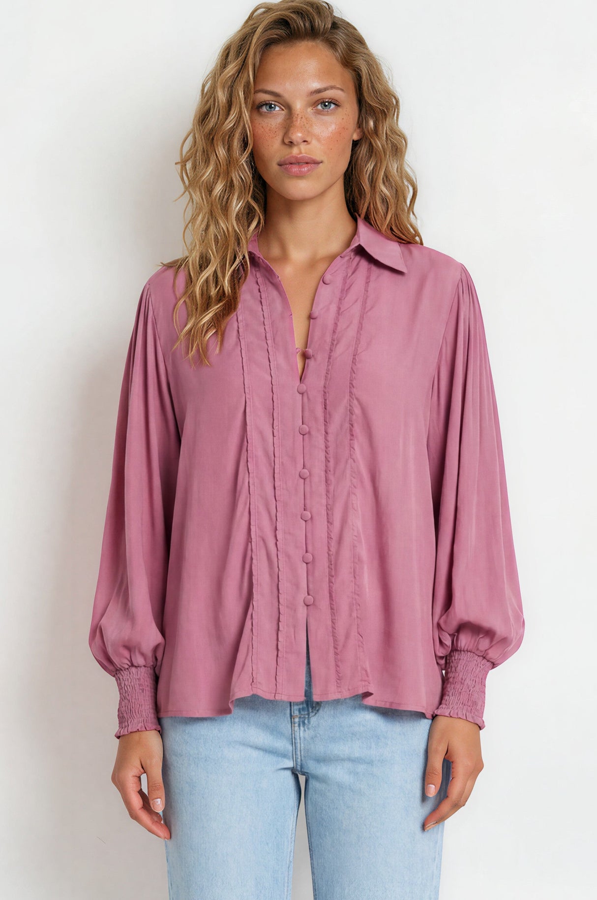 Model wearing Aralyn Blouse in Pink from Salty Crush