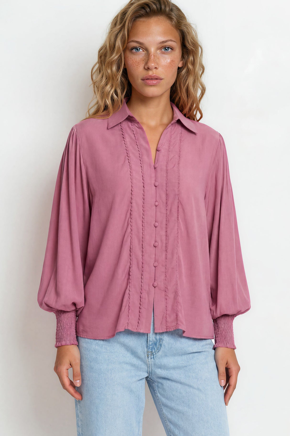 Model wearing Aralyn Blouse in Pink from Salty Crush