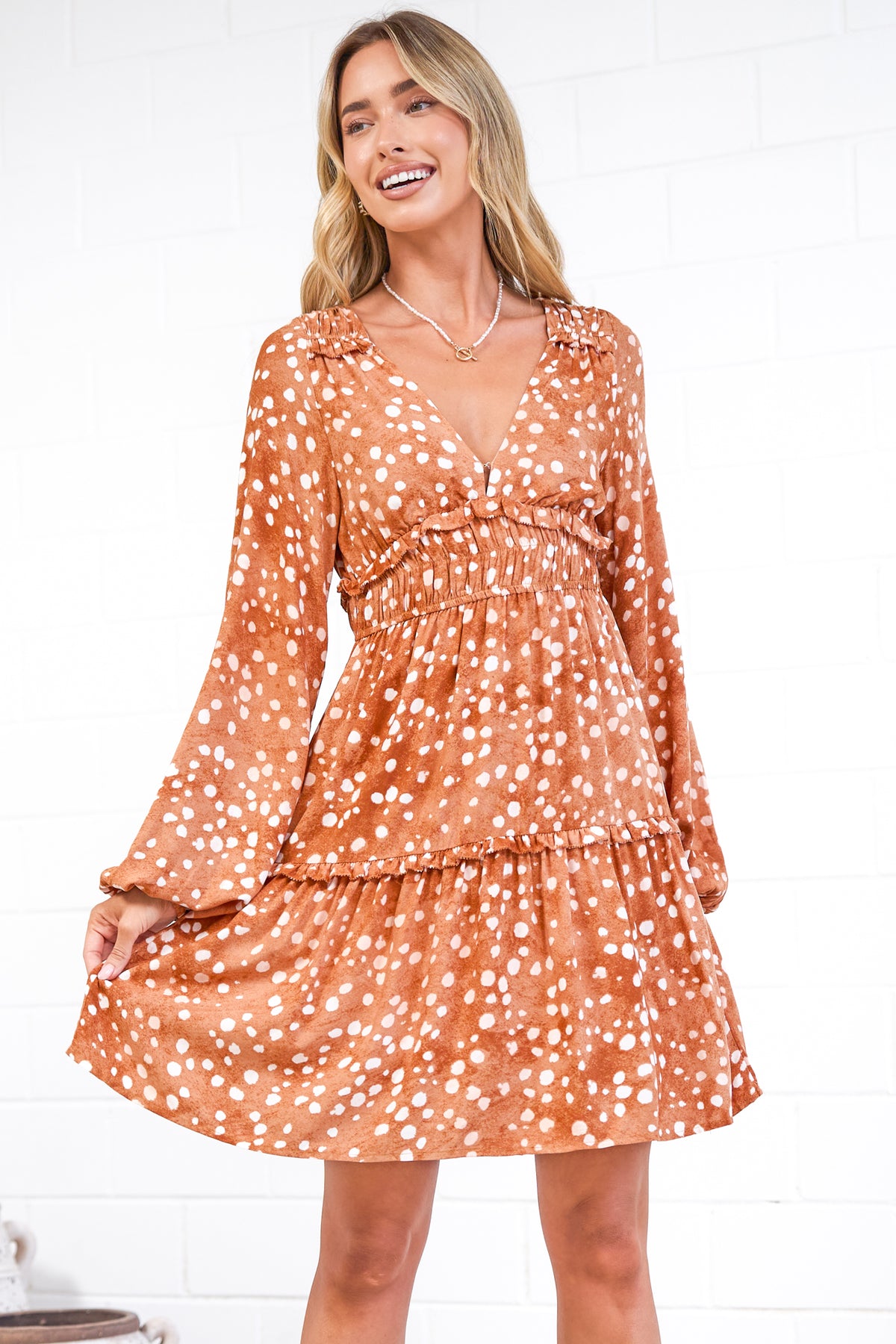 Arcadia Mini Dress - V-Neck Ruffle Splicing Long Sleeve Dress in Lilwen Print