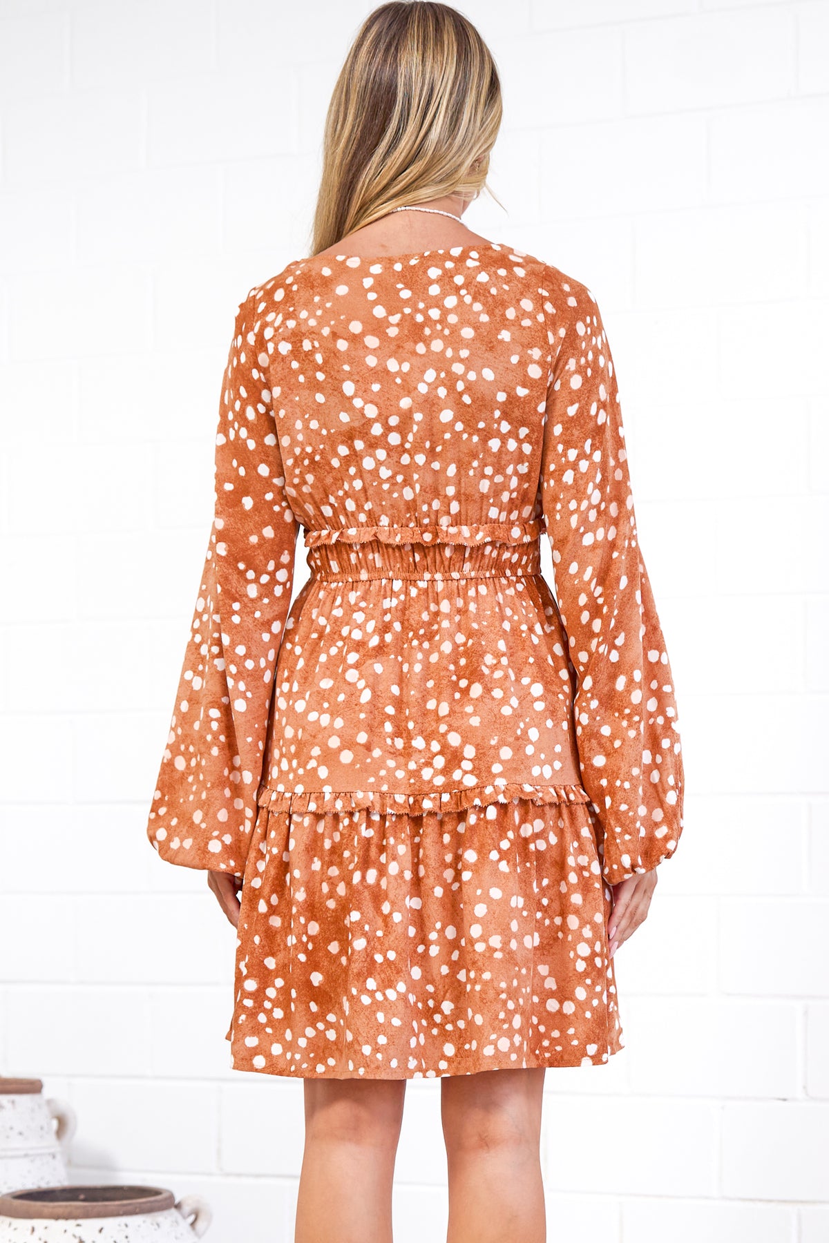 Arcadia Mini Dress - V-Neck Ruffle Splicing Long Sleeve Dress in Lilwen Print
