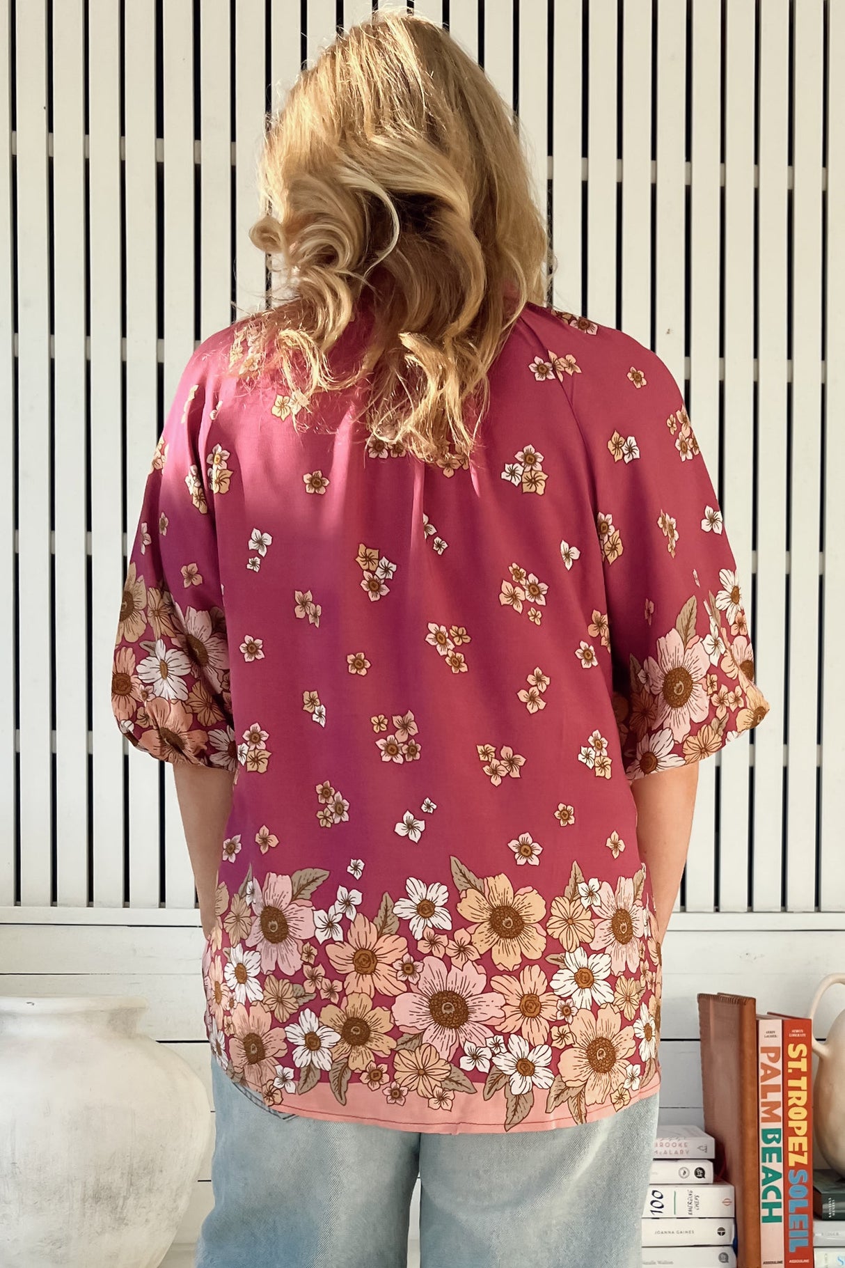 Arden Blouse: V-Neck Buttoned Through Scoop Hem Top in Bee Orchid Print
