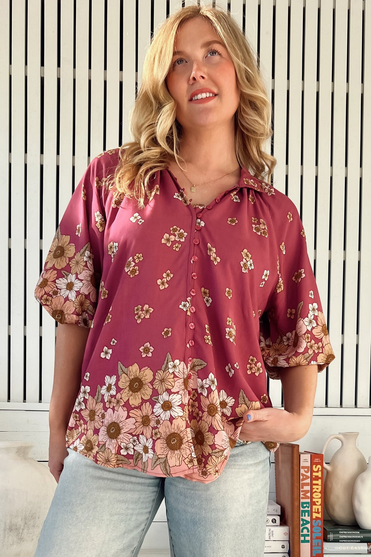 Arden Blouse: V-Neck Buttoned Through Scoop Hem Top in Bee Orchid Print