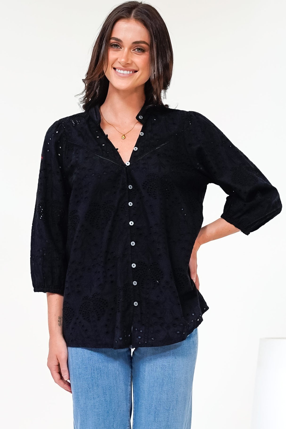 Ardena Blouse - Eyelet Embroidery Cotton Button Down with 3/4 Sleeves in Black