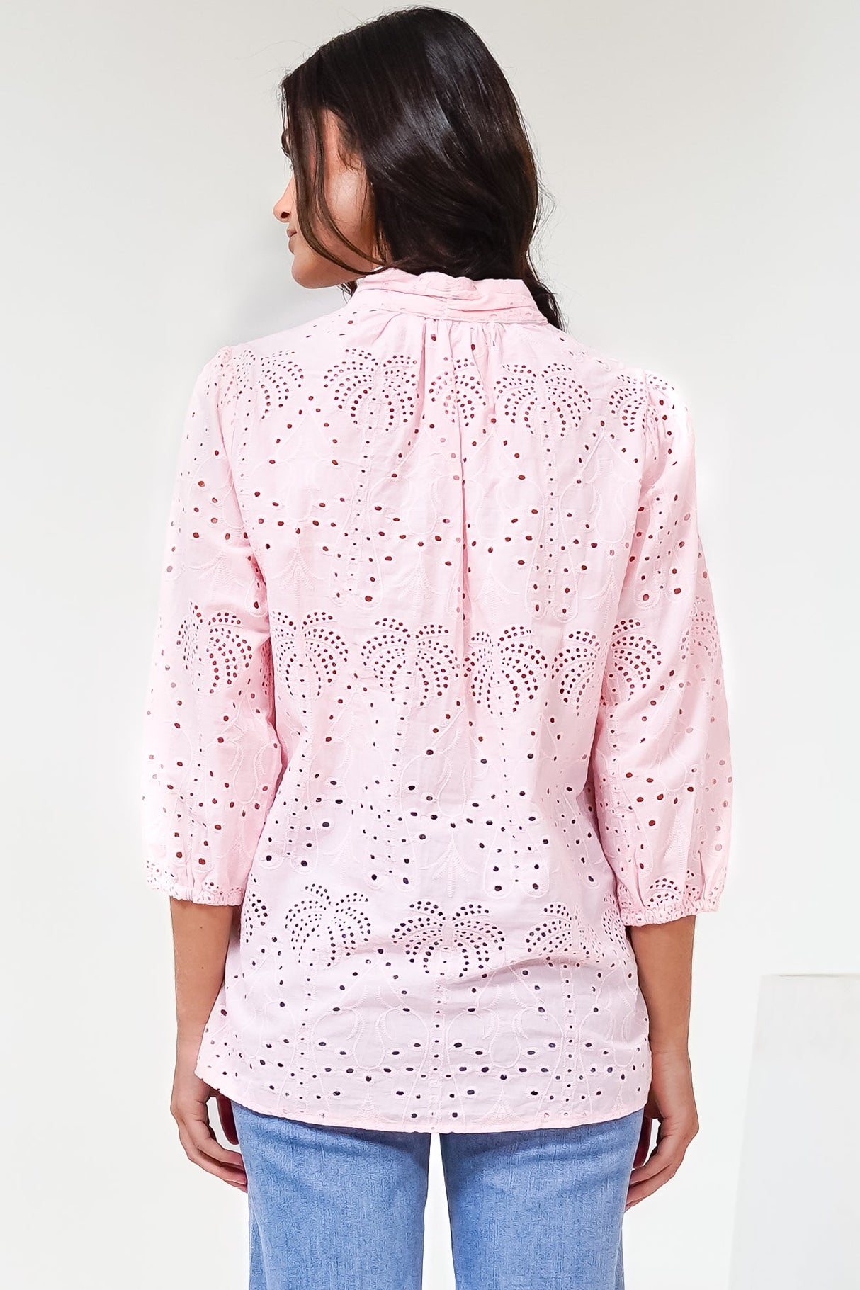Ardena Blouse - Eyelet Embroidery Cotton Button Down with 3/4 Sleeves in Pink