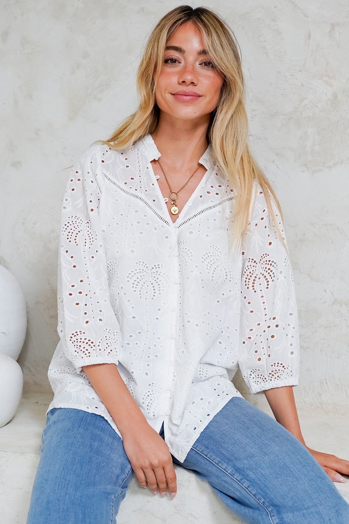 Ardena Blouse - Eyelet Embroidery Cotton Button Down with 3/4 Sleeves in White