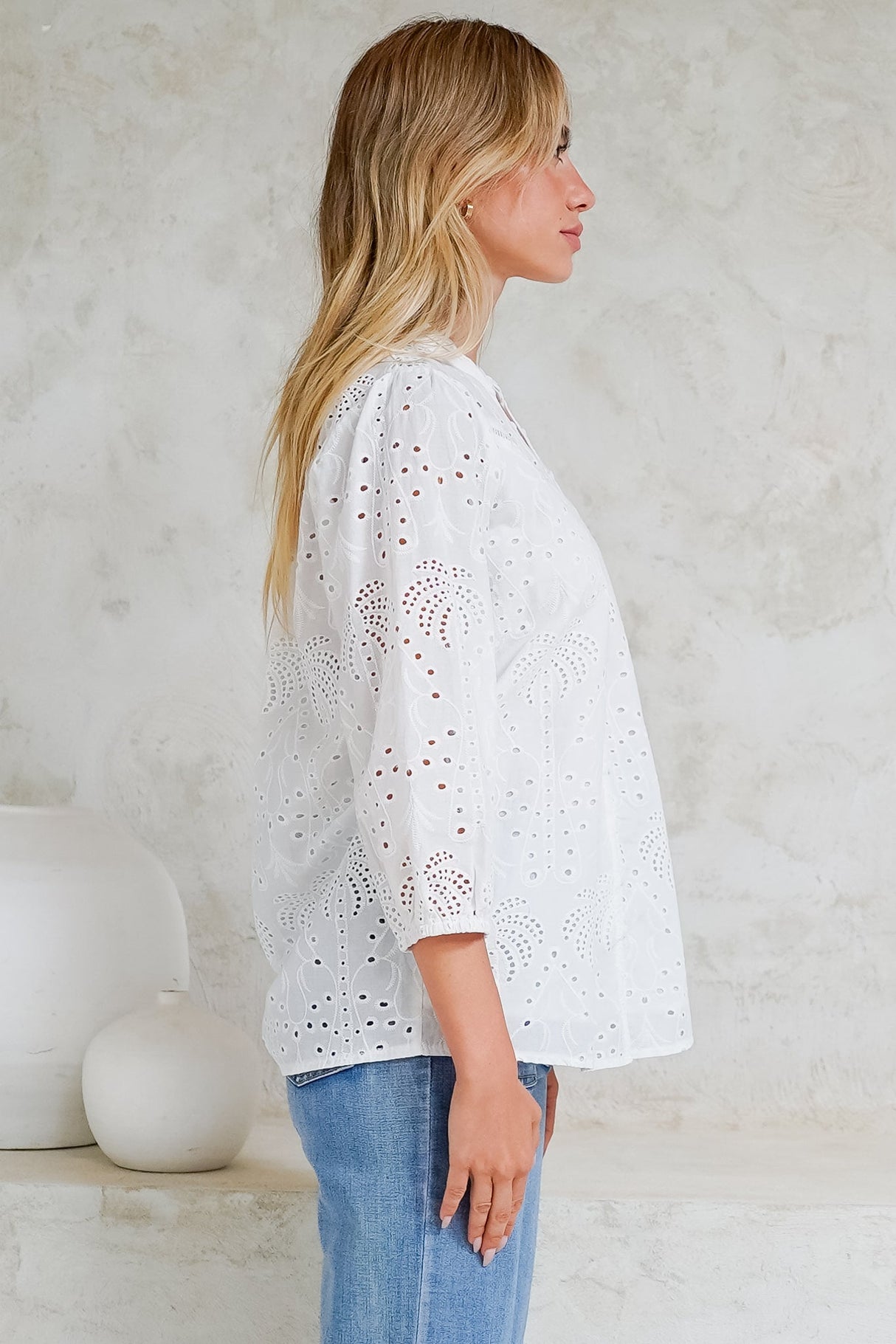 Ardena Blouse - Eyelet Embroidery Cotton Button Down with 3/4 Sleeves in White