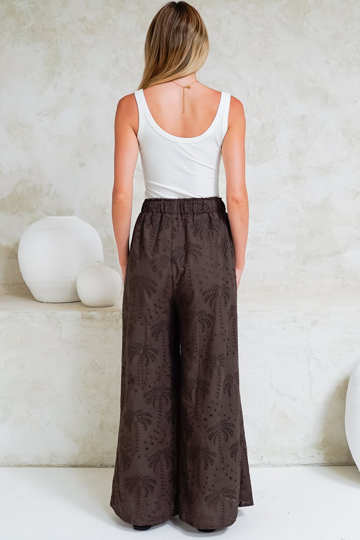 Ardena Pants - High Waisted Eyelet Embroidered Wide Leg Pants with Waist Tie in Chocolate