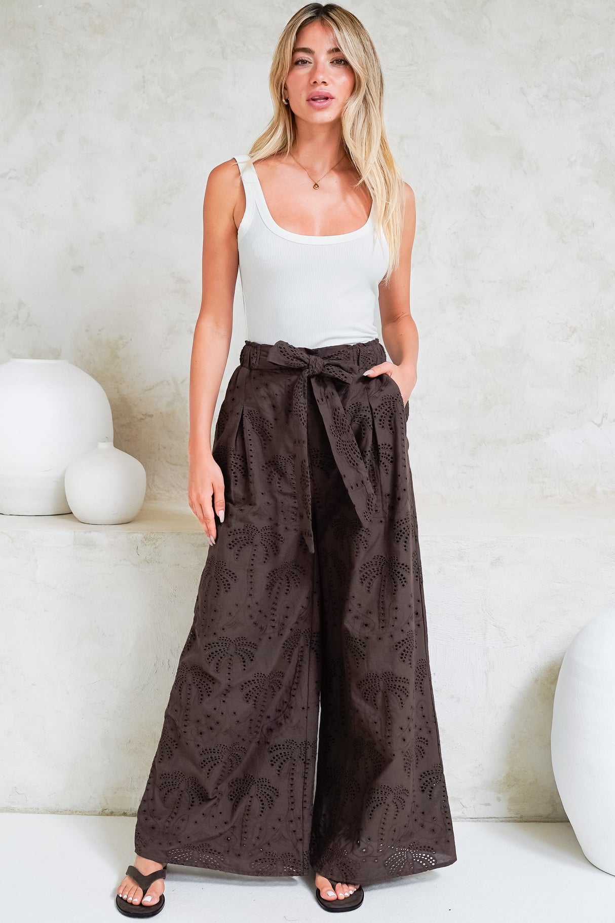 Ardena Pants - High Waisted Eyelet Embroidered Wide Leg Pants with Waist Tie in Chocolate