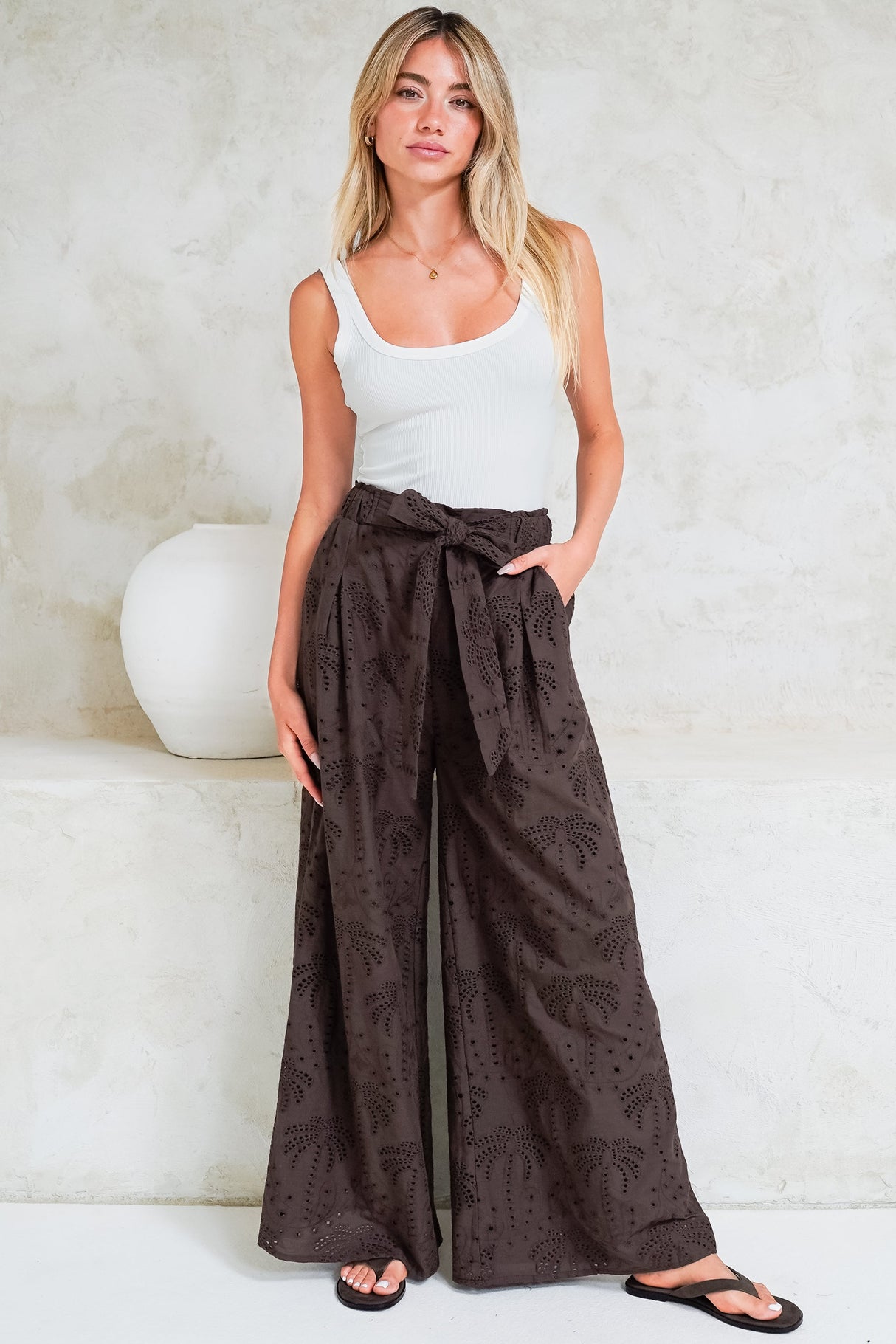 Ardena Pants - High Waisted Eyelet Embroidered Wide Leg Pants with Waist Tie in Chocolate