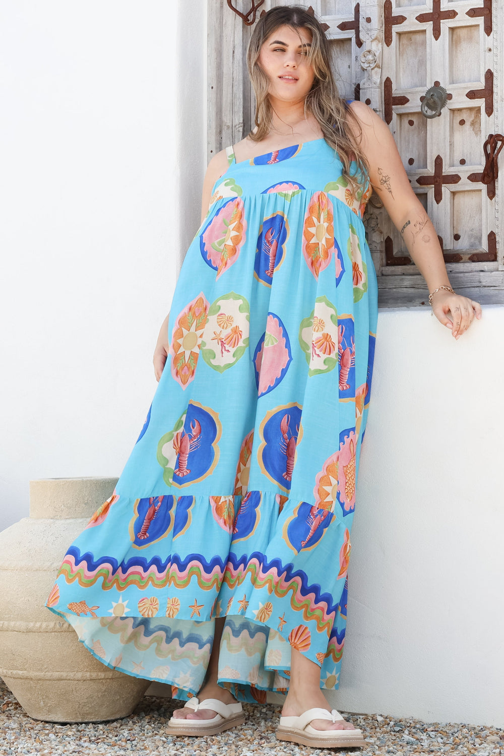 Ariel Maxi Dress - Adjustable Strap High Low Ruffle Hem Sun Dress in Boardwalk Print