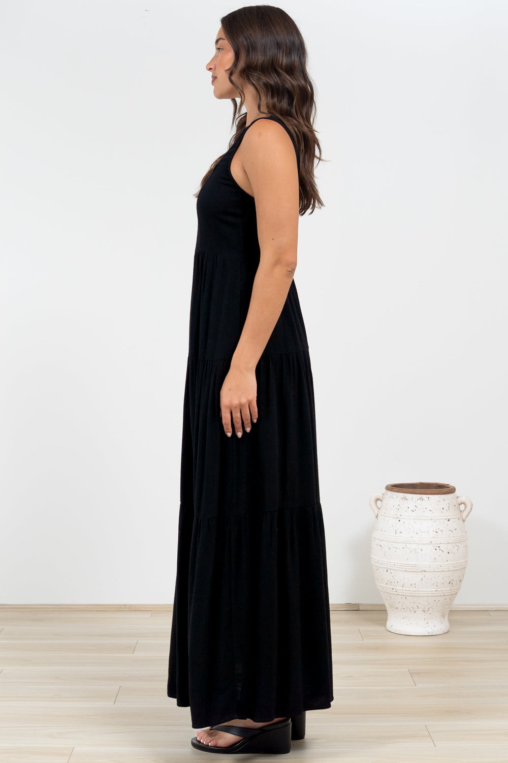 Arielle Maxi Dress - Square Neckline Tiered Dress with Pockets in Black