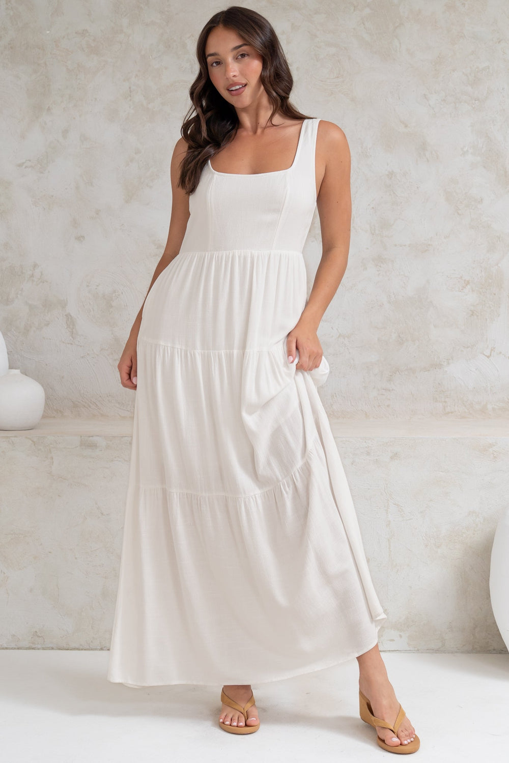 Arielle Maxi Dress - Square Neckline Tiered Dress with Pockets in White