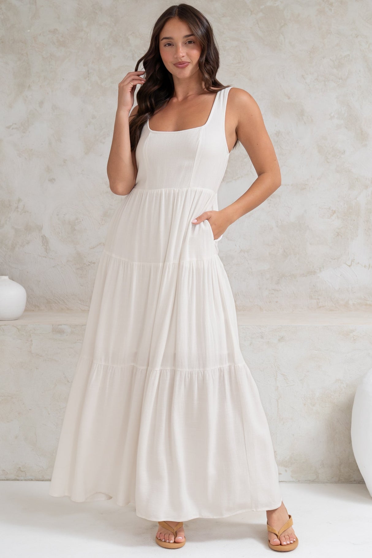 Arielle Maxi Dress - Square Neckline Tiered Dress with Pockets in White