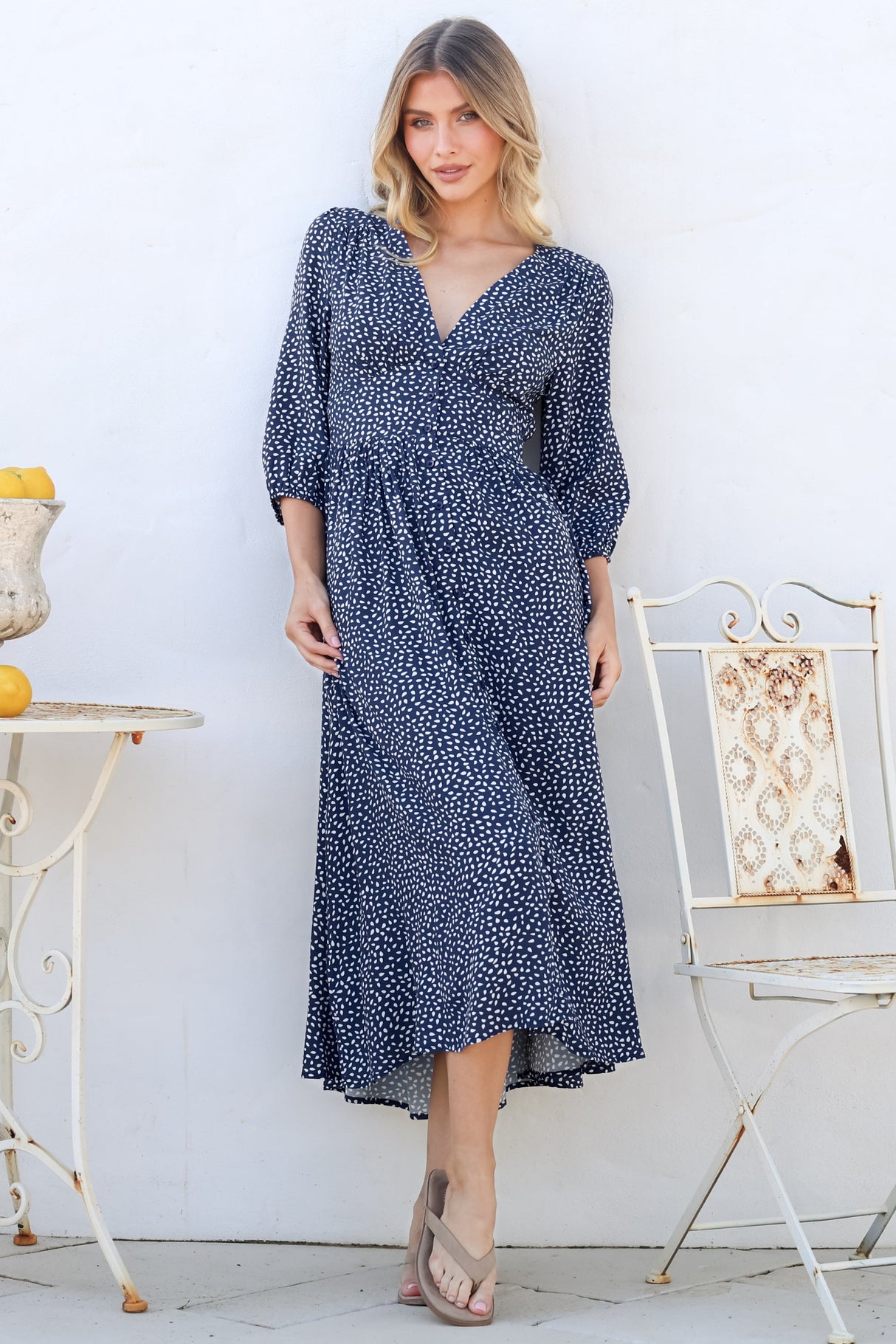 Arleni Midi Dress - V-Neck A-Line Dress with 3/4 Sleeves in Bell Print Navy