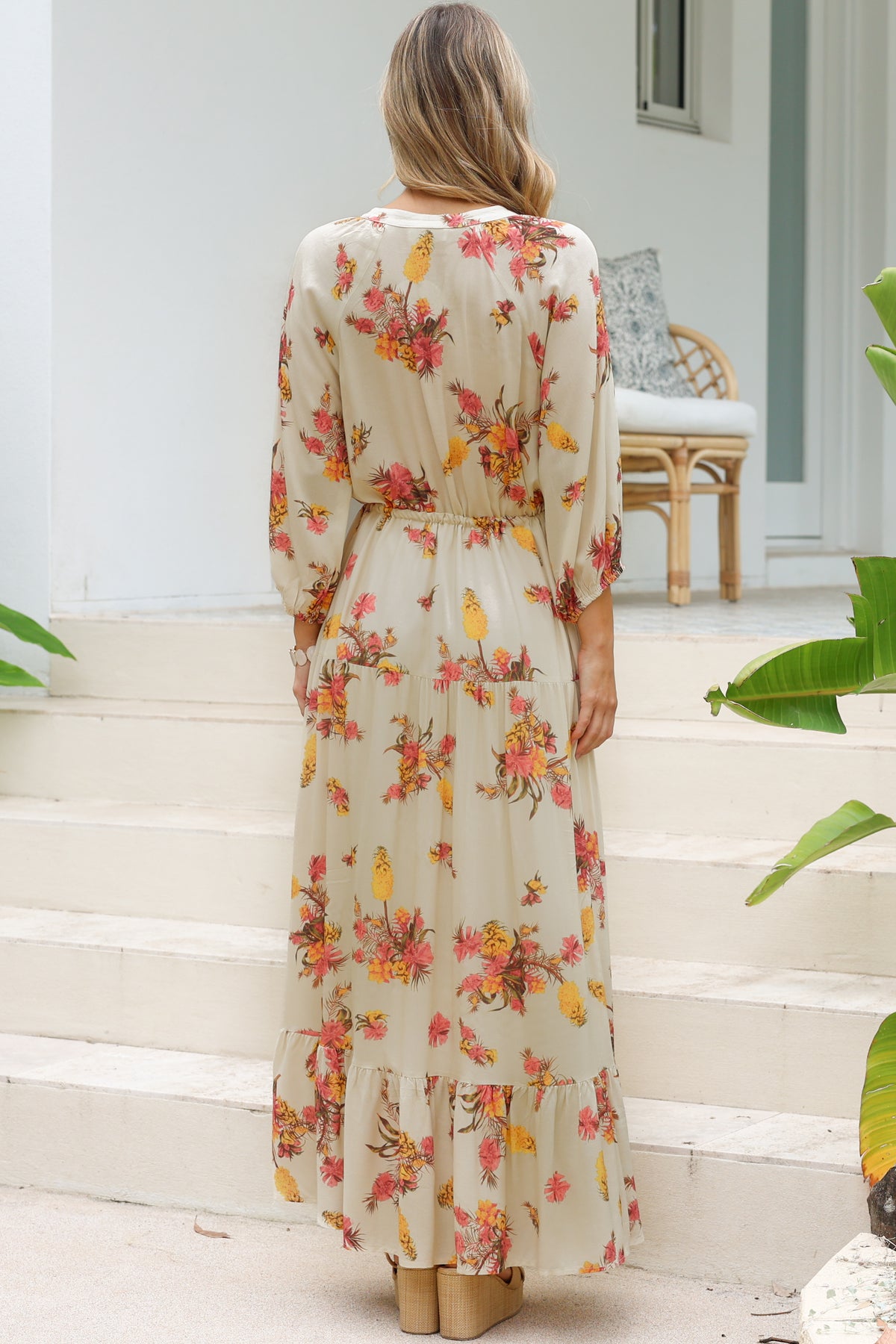 Arlete Maxi Dress - Drawstring Waist Shirt Dress with 3/4 Sleeves in Mirjana Print Cream
