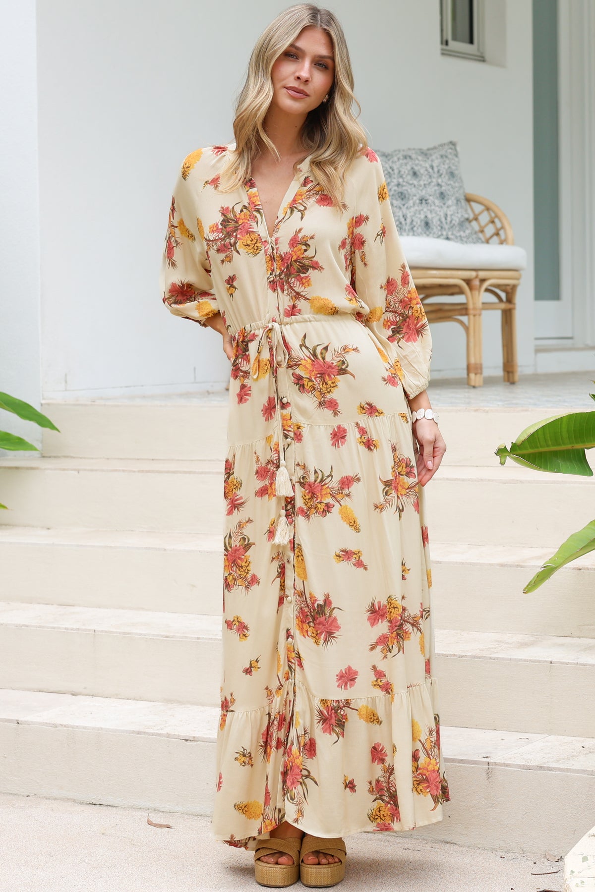 Arlete Maxi Dress - Drawstring Waist Shirt Dress with 3/4 Sleeves in Mirjana Print Cream