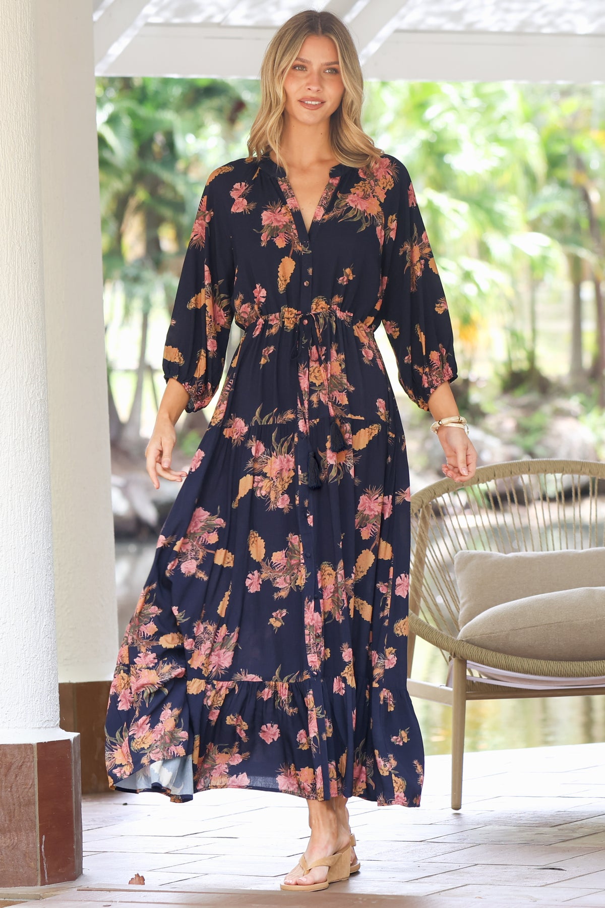 Arlete Maxi Dress - Drawstring Waist Shirt Dress with 3/4 Sleeves in Mirjana Print Navy