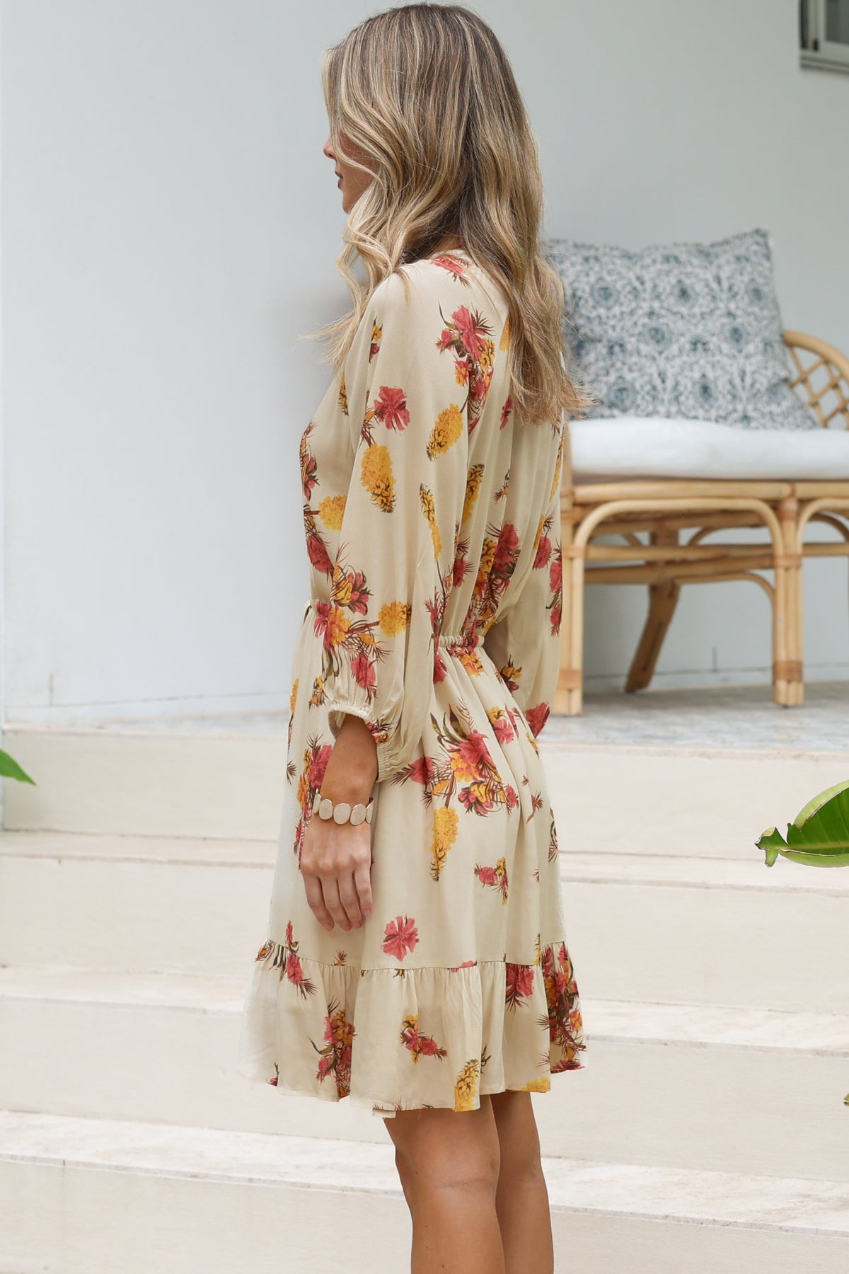 Arlete Mini Dress - Drawstring Waist Shirt Dress with 3/4 Sleeves in Mirjana Print Cream