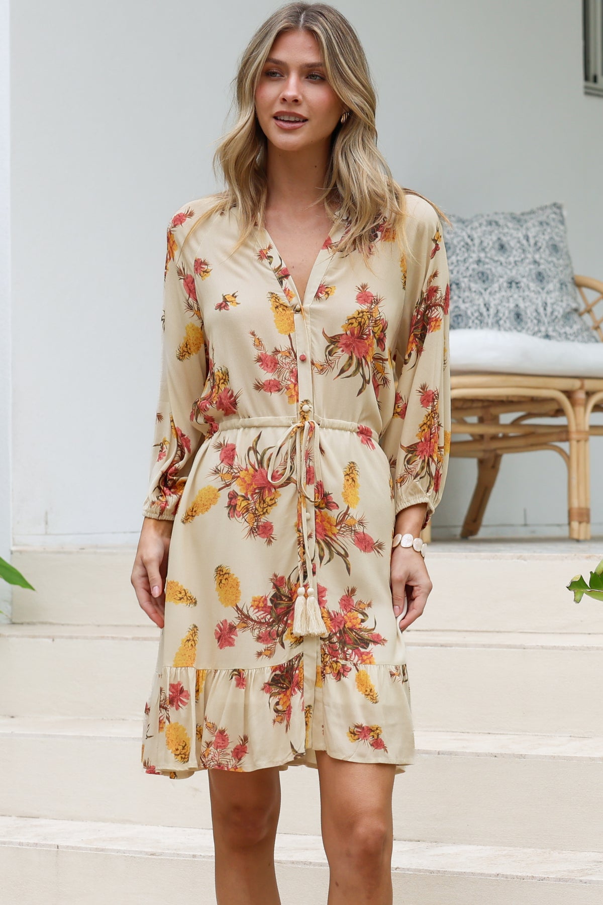 Arlete Mini Dress - Drawstring Waist Shirt Dress with 3/4 Sleeves in Mirjana Print Cream