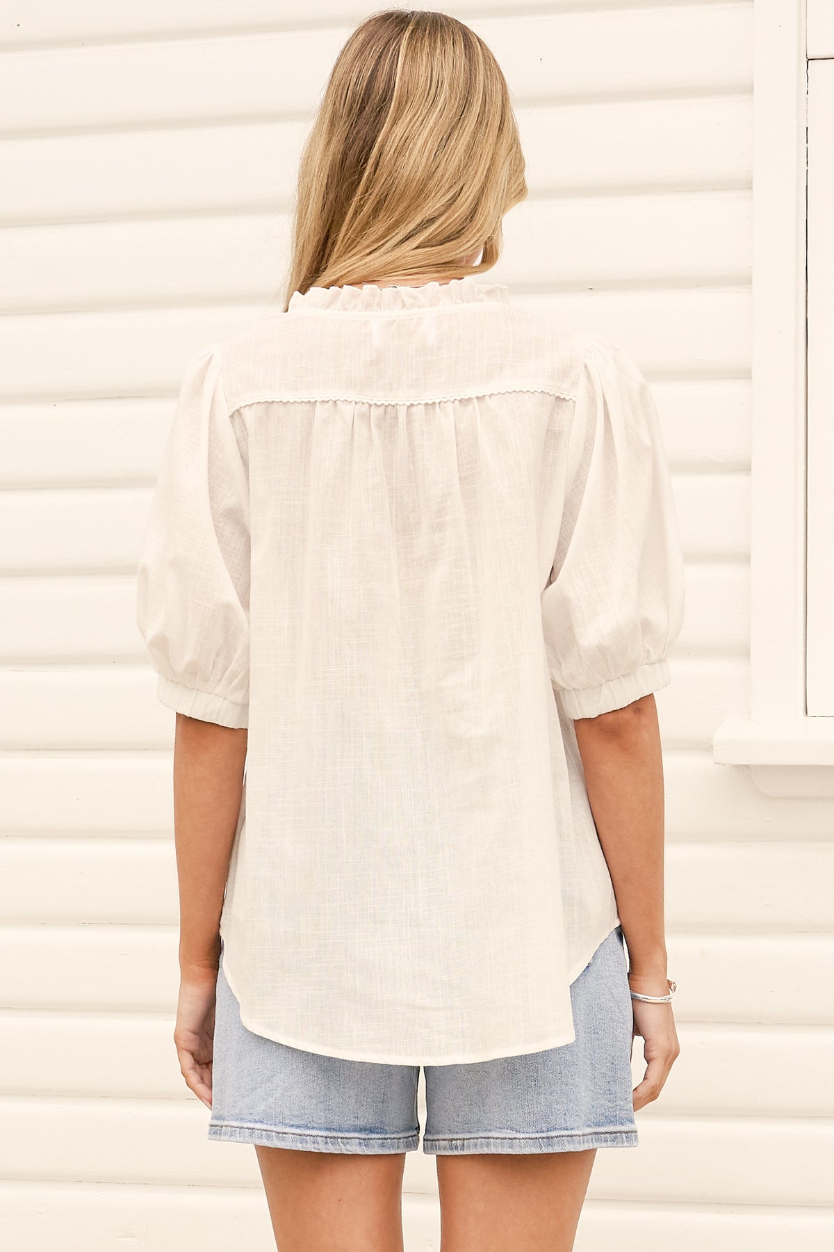 Alettie Blouse - Frill Collar Balloon Sleeve Button Down in White