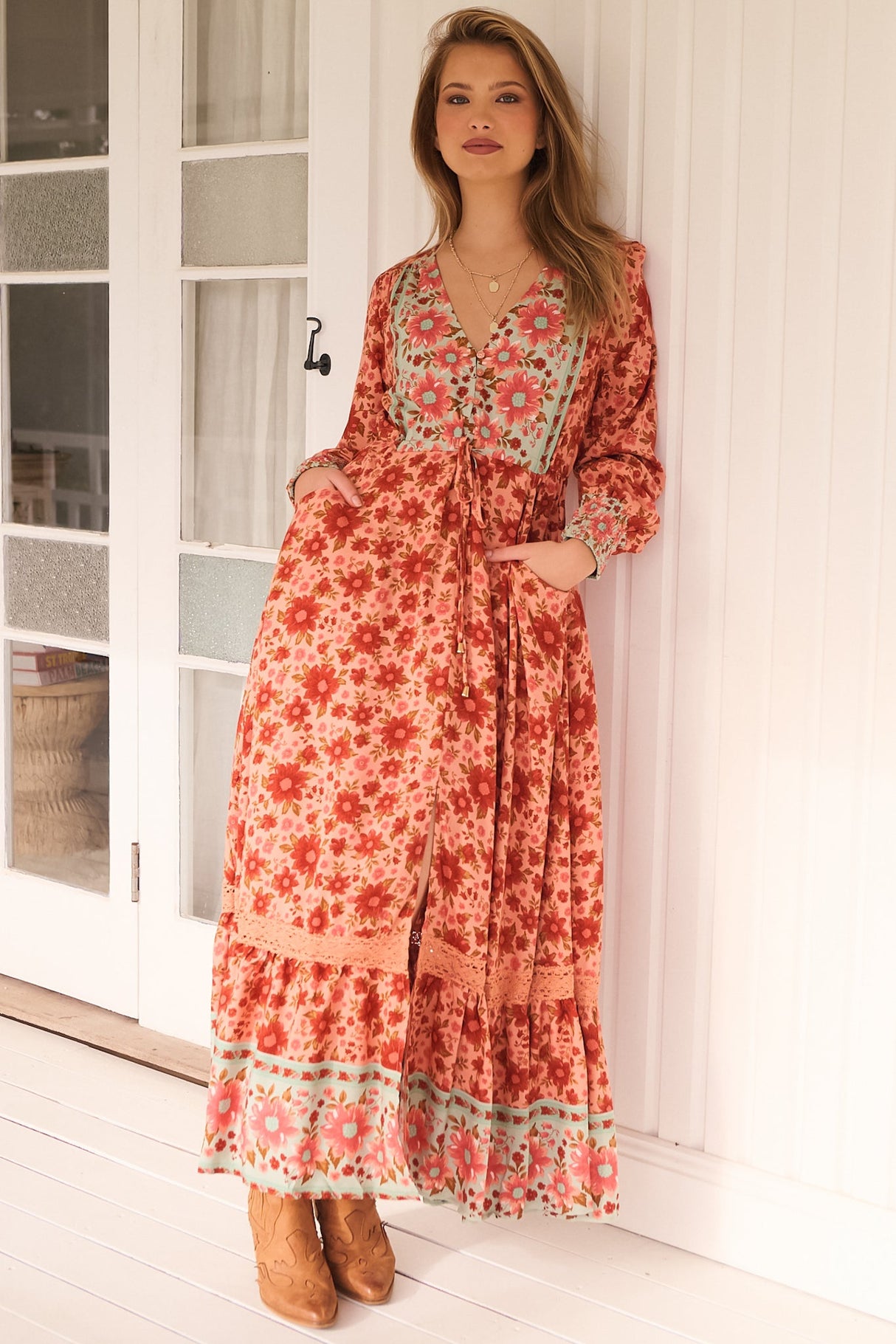 JAASE - Arlo Maxi Dress: V-Neck Pull Tie Waist Maxi With Pockets in Lillianna Print