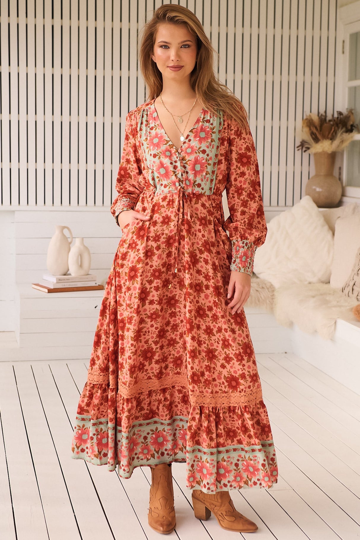 JAASE - Arlo Maxi Dress: V-Neck Pull Tie Waist Maxi With Pockets in Lillianna Print