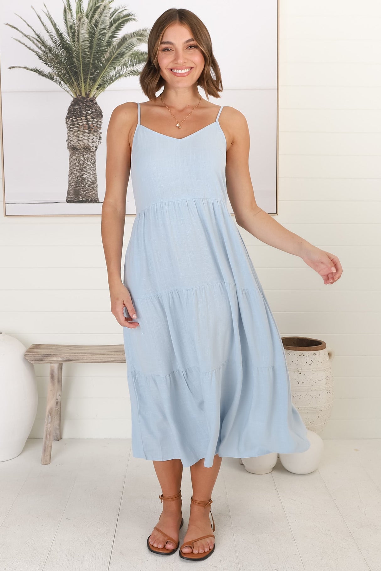 Arlowe Midi Dress - Soft V Neckline Tiered Linen Sun Dress in Blue