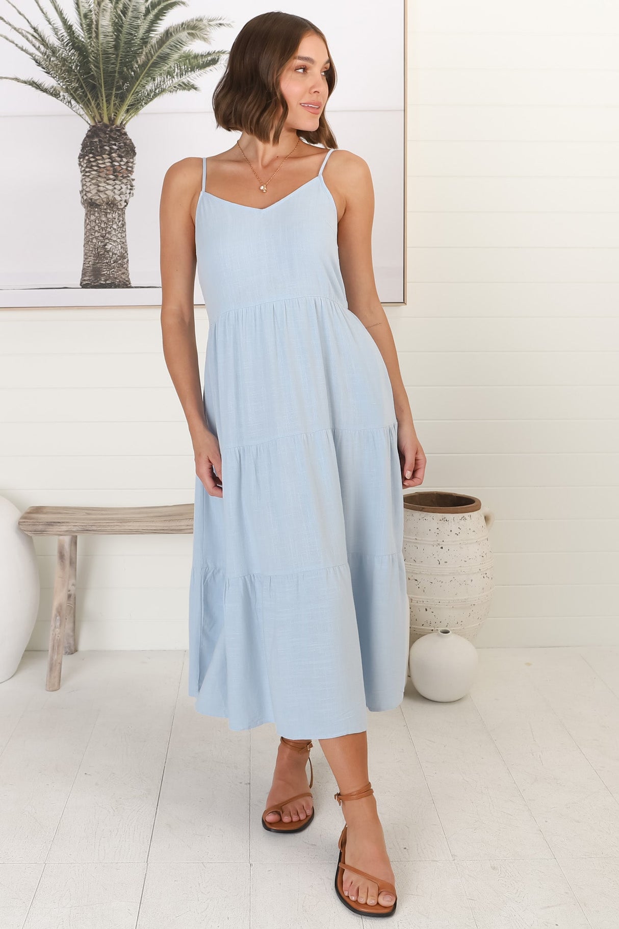 Arlowe Midi Dress - Soft V Neckline Tiered Linen Sun Dress in Blue