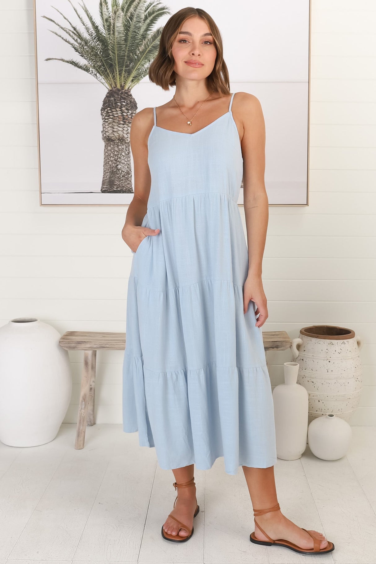 Arlowe Midi Dress - Soft V Neckline Tiered Linen Sun Dress in Blue