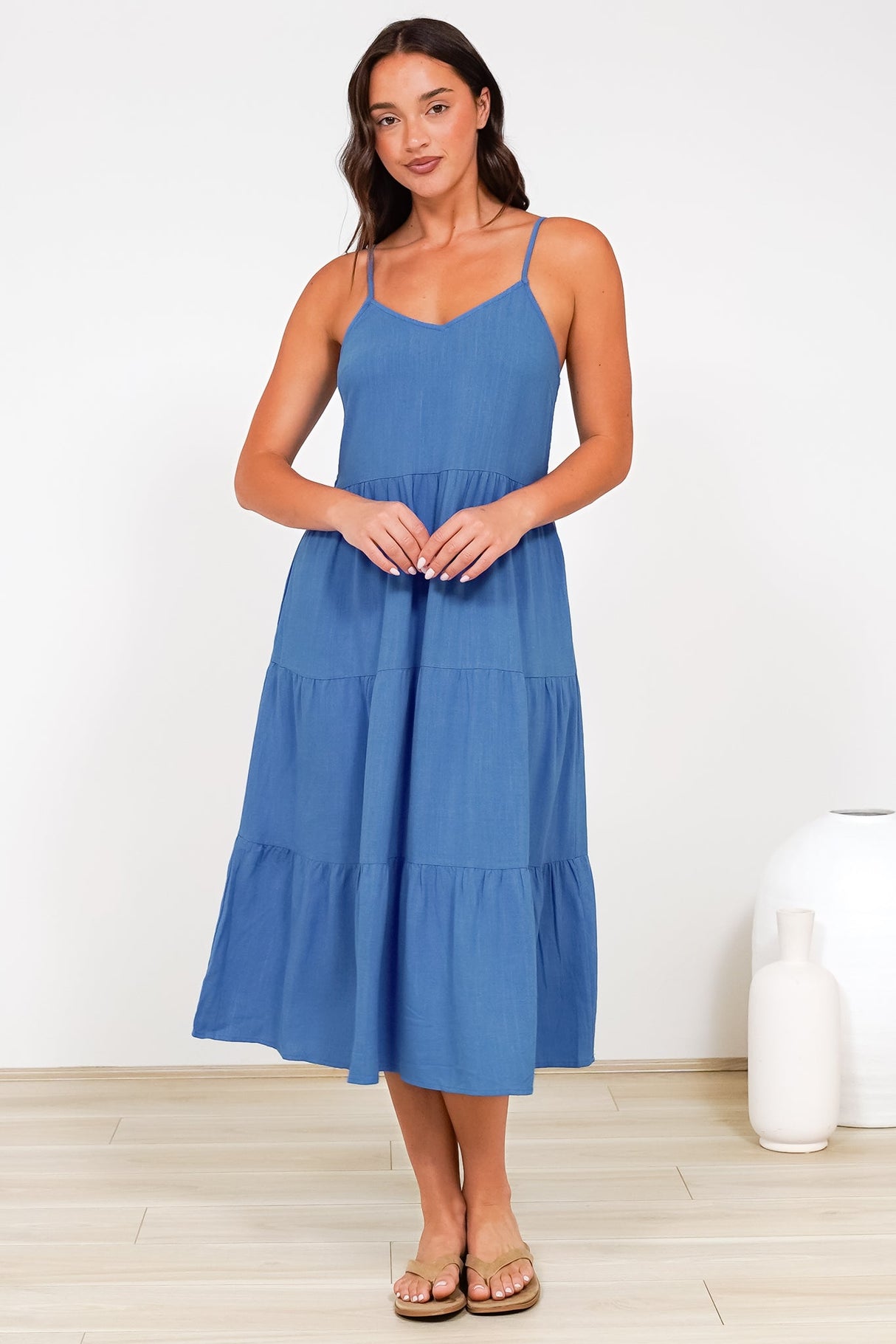 Arlowe Midi Dress - Soft V Neckline Tiered Linen Sun Dress in Cobalt Blue