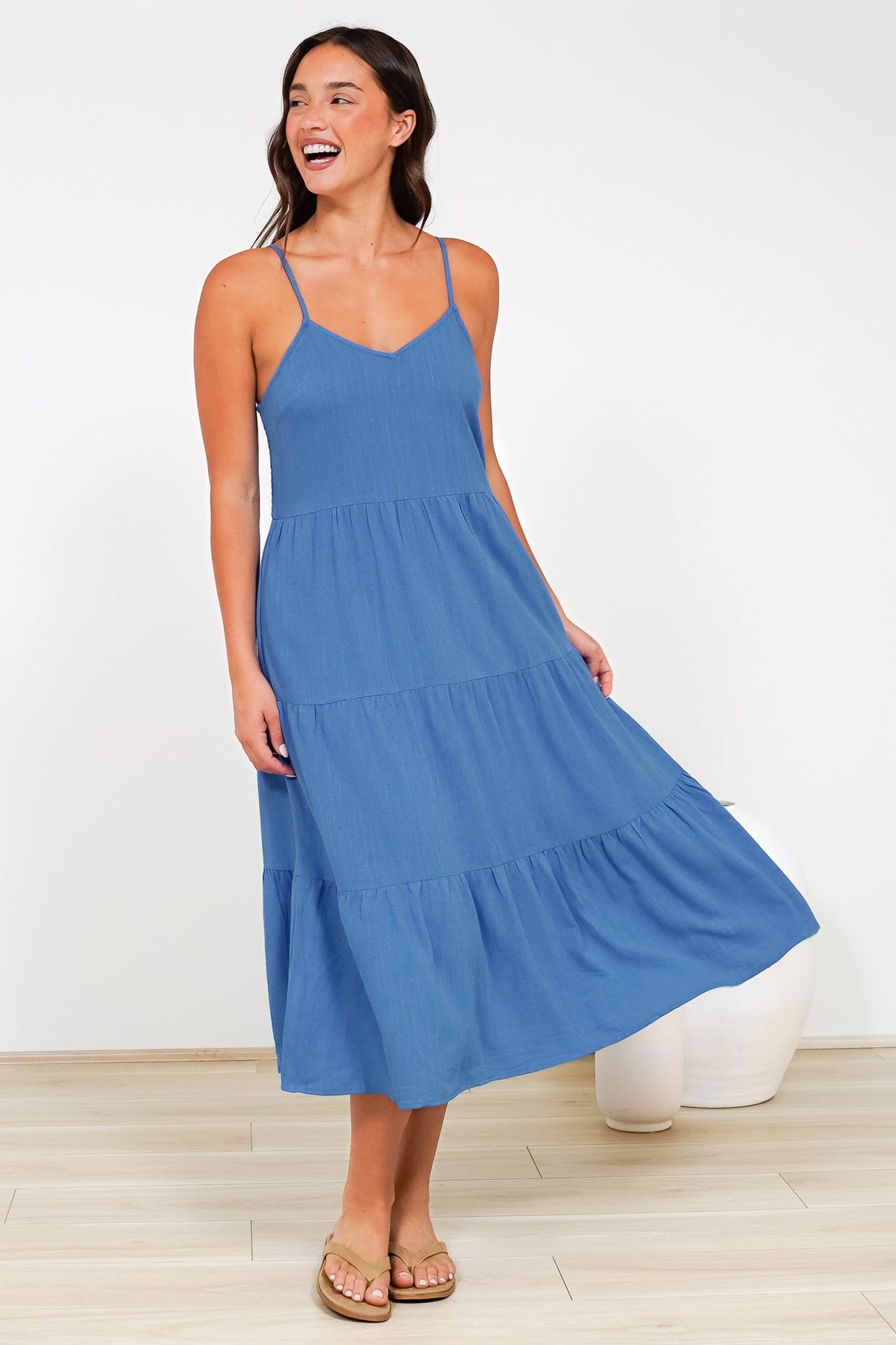 Arlowe Midi Dress - Soft V Neckline Tiered Linen Sun Dress in Cobalt Blue
