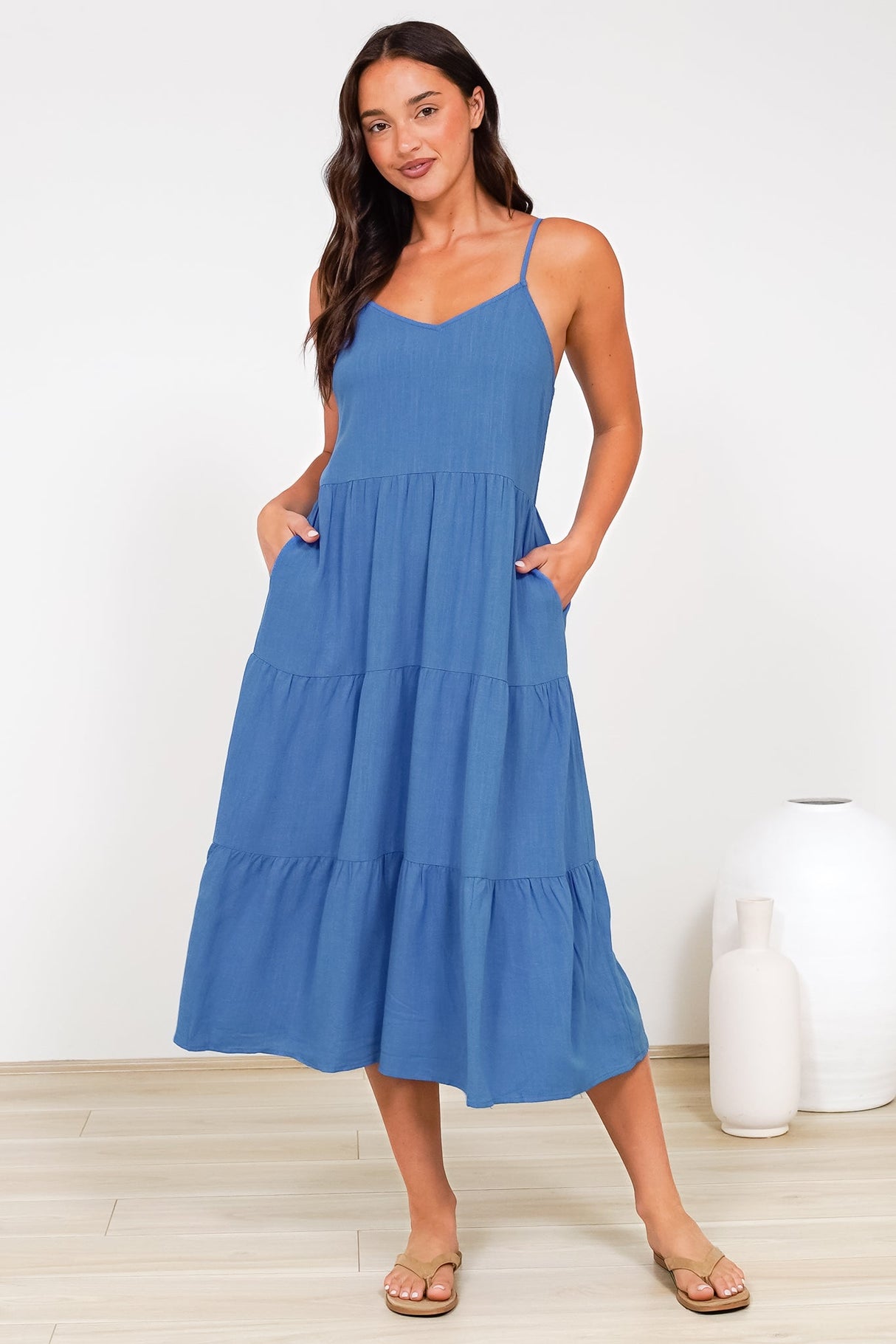 Arlowe Midi Dress - Soft V Neckline Tiered Linen Sun Dress in Cobalt Blue