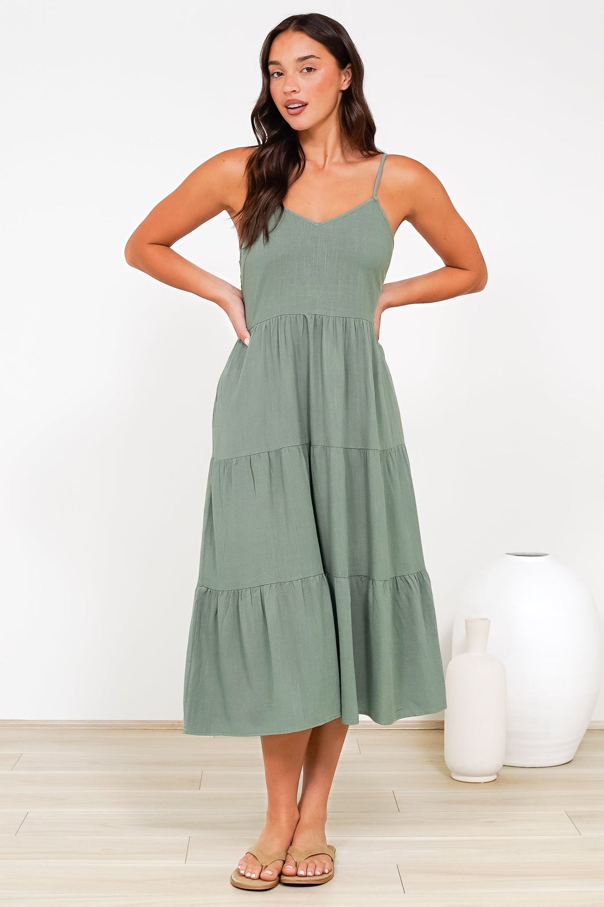 Arlowe Midi Dress - Soft V Neckline Tiered Linen Sun Dress in Khaki