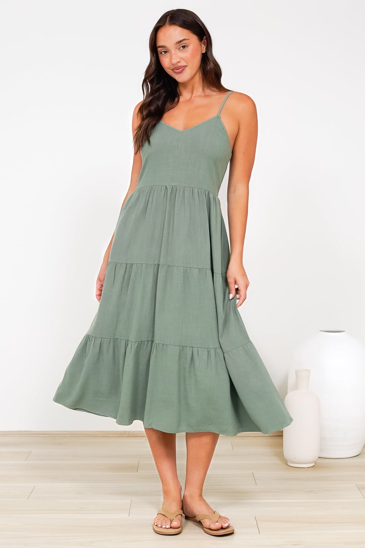 Arlowe Midi Dress - Soft V Neckline Tiered Linen Sun Dress in Khaki