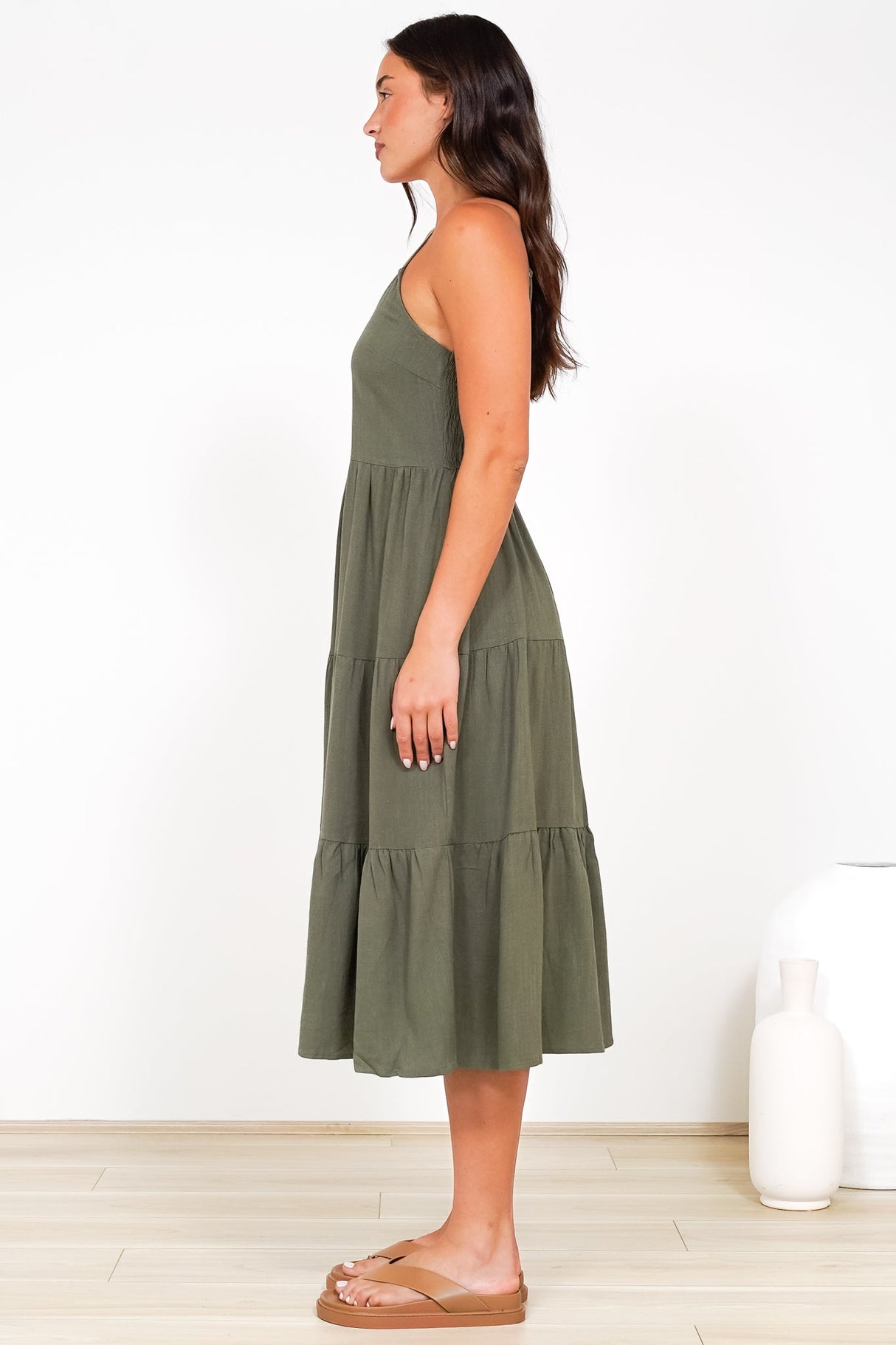 Arlowe Midi Dress - Soft V Neckline Tiered Linen Sun Dress in Military Green