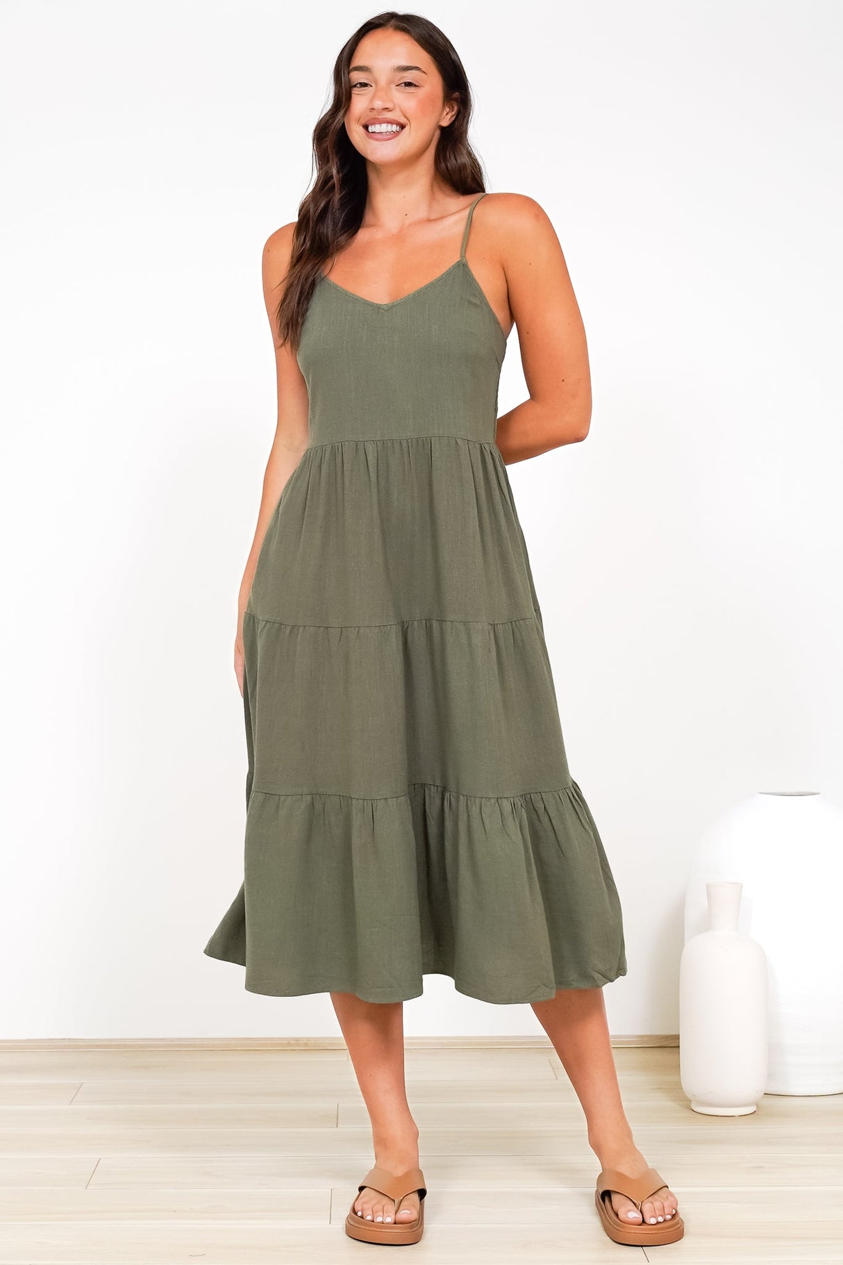 Arlowe Midi Dress - Soft V Neckline Tiered Linen Sun Dress in Military Green