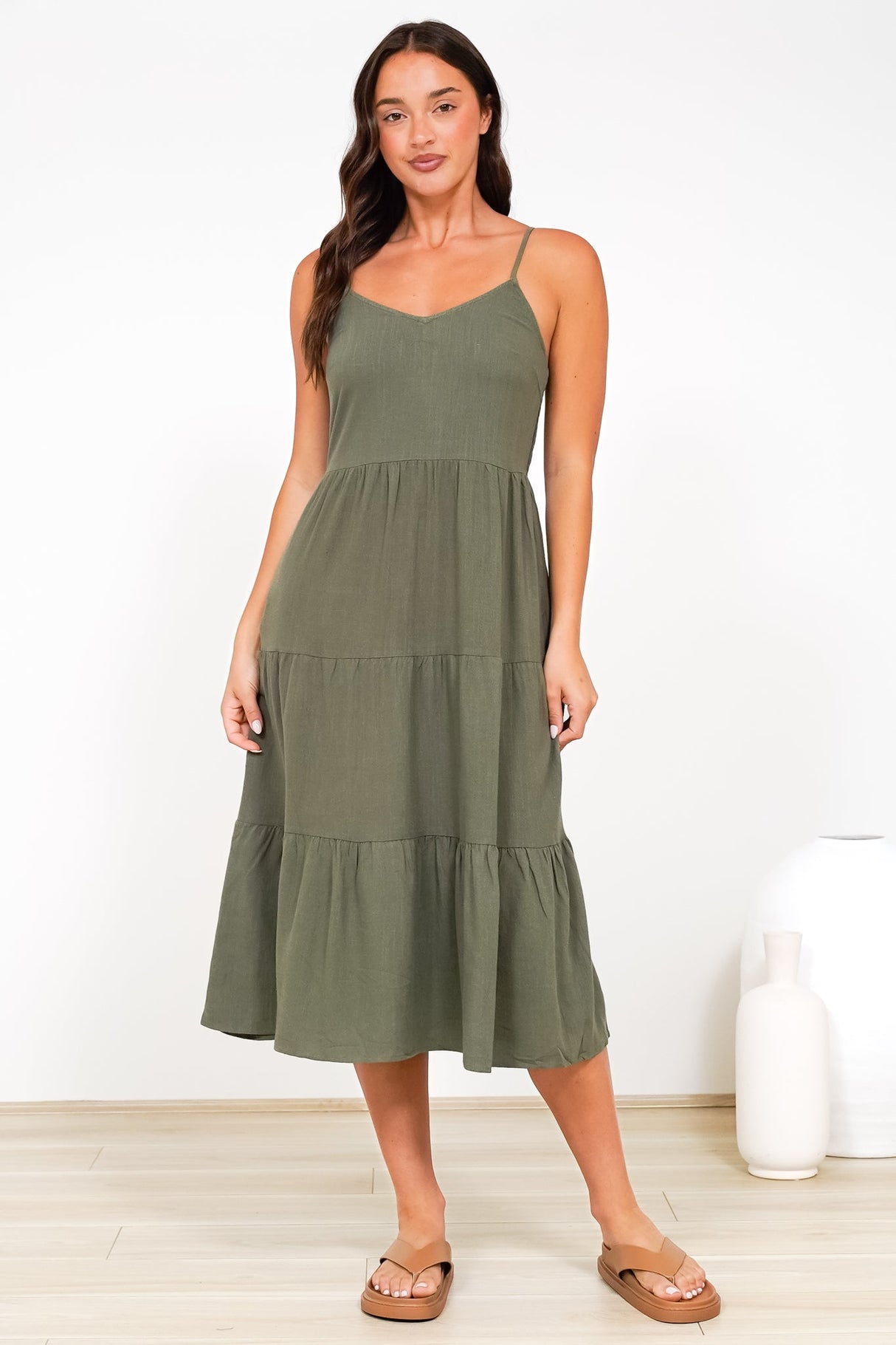 Arlowe Midi Dress - Soft V Neckline Tiered Linen Sun Dress in Military Green