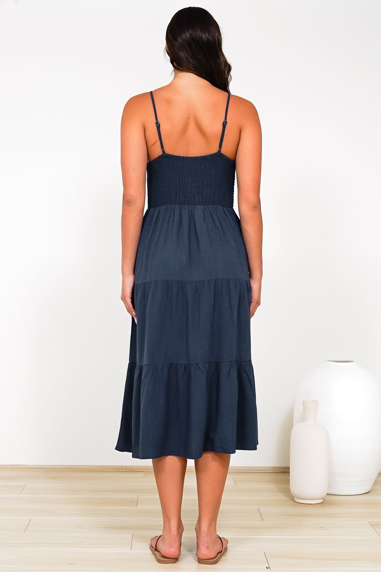 Arlowe Midi Dress - Soft V Neckline Tiered Linen Sun Dress in Navy