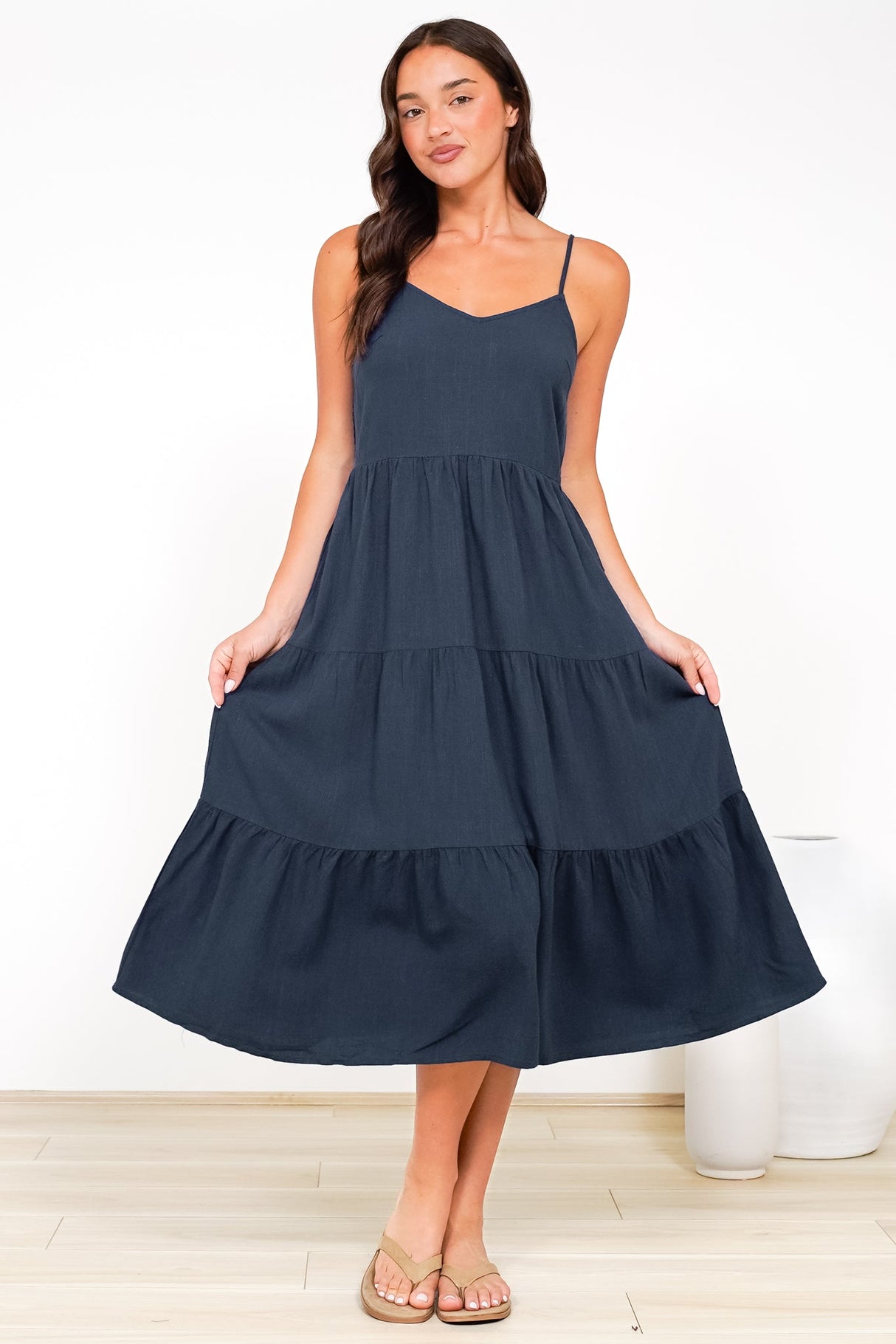 Arlowe Midi Dress - Soft V Neckline Tiered Linen Sun Dress in Navy