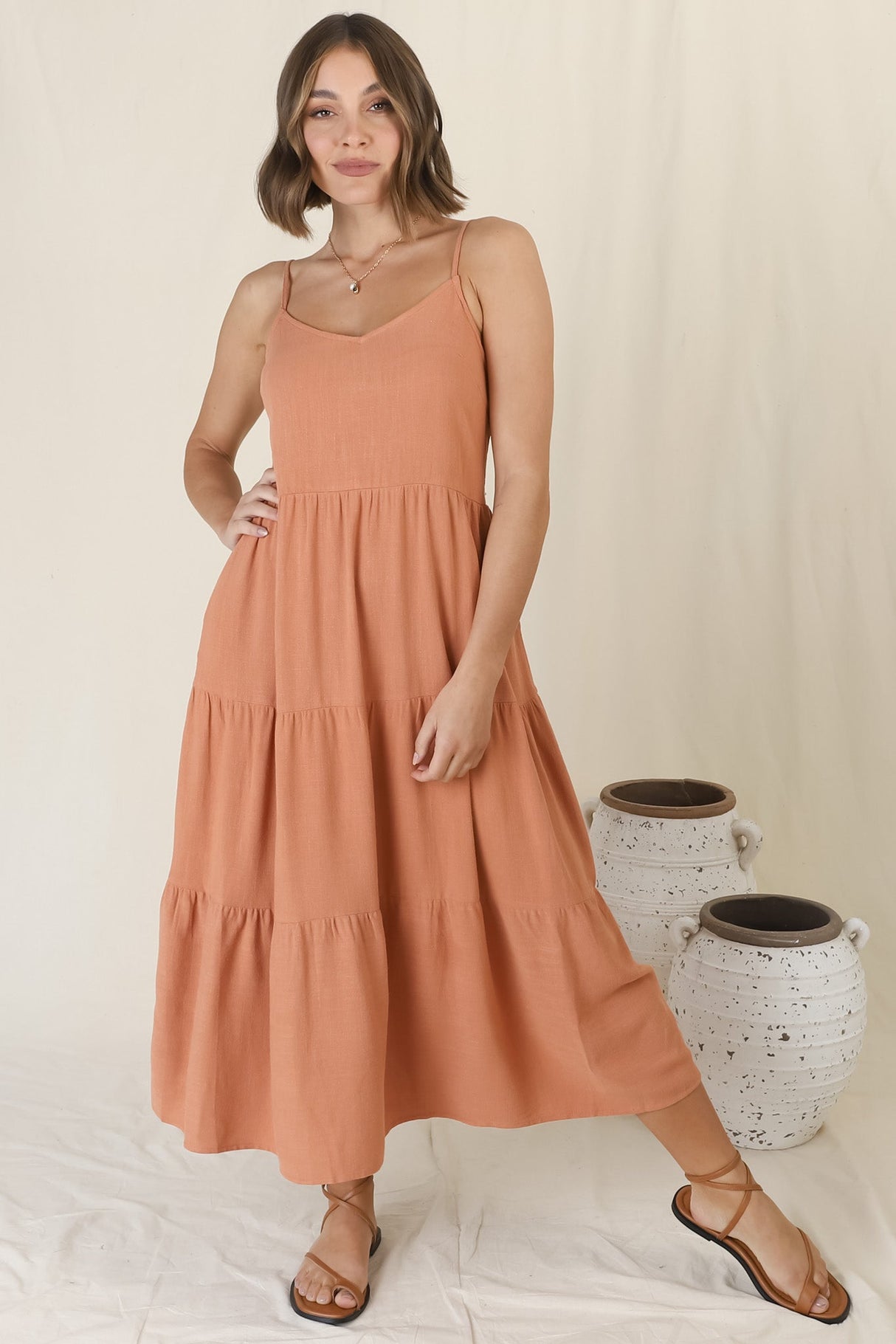 Arlowe Midi Dress - Soft V Neckline Tiered Linen Sun Dress in Rust